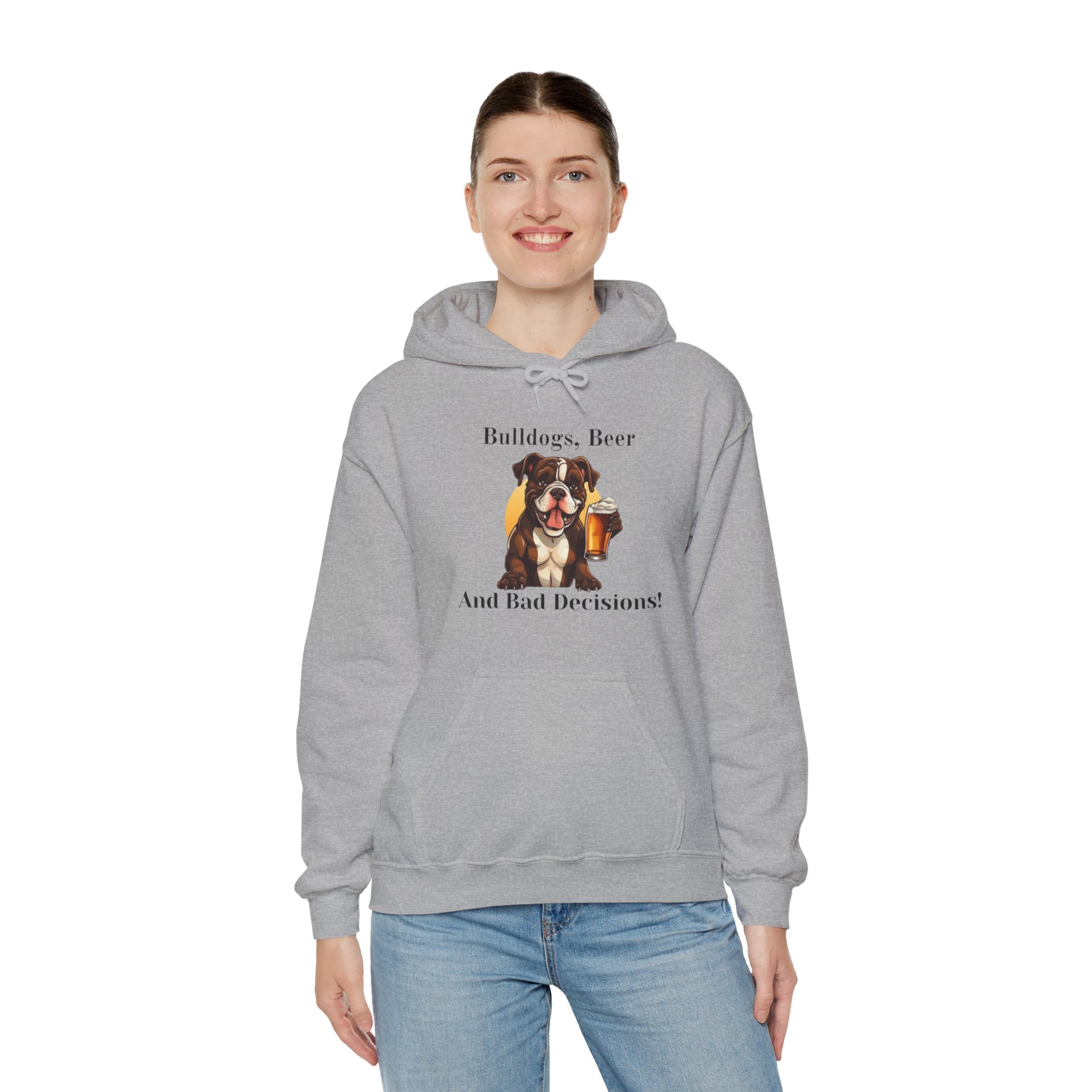 Bulldogs, Beer, and Bad Decisions" Hoodie - Your Go-To Gear for Mischievous Times! (American/Brown)