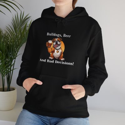 Bulldogs, Beer, and Bad Decisions" Hoodie - Your Go-To Gear for Mischievous Times! (English/Brown)