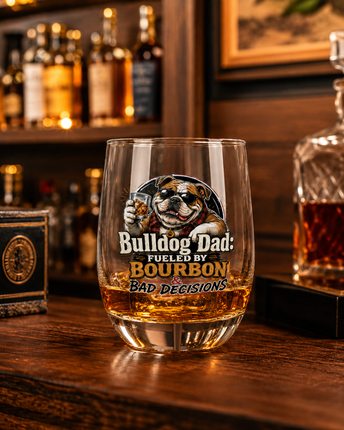Bulldog Dad Whiskey Glass — “Fueled by Bourbon & Bad Decisions” Stemless Rocks Glass (English)