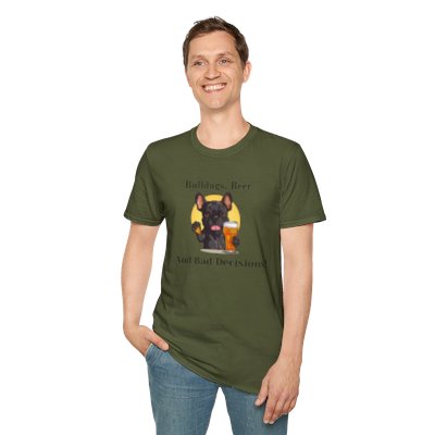 Bulldogs, Beer, and Bad Decisions" Unisex T-Shirt by Tipsy Bully (French/Black)