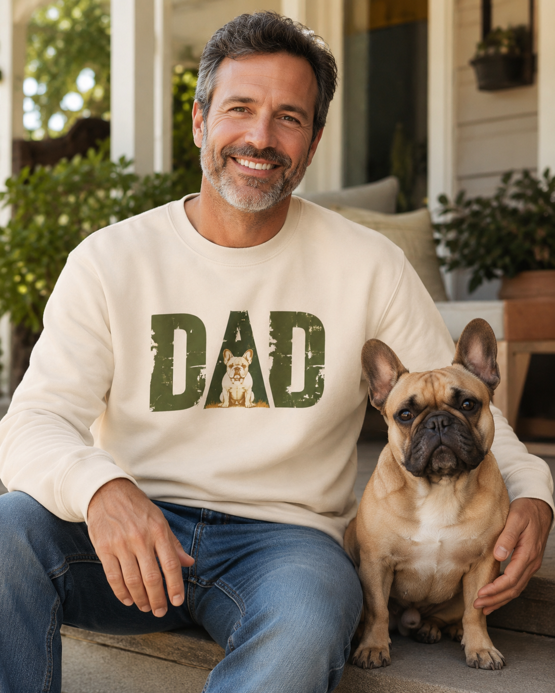 Bulldog Dad Crewneck Sweatshirt | Distressed DAD Sweatshirt for Bulldog Dads (French)