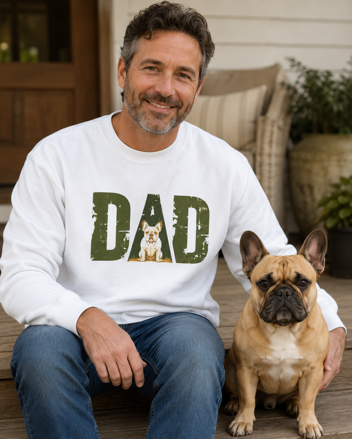 Bulldog Dad Crewneck Sweatshirt | Distressed DAD Sweatshirt for Bulldog Dads (French)