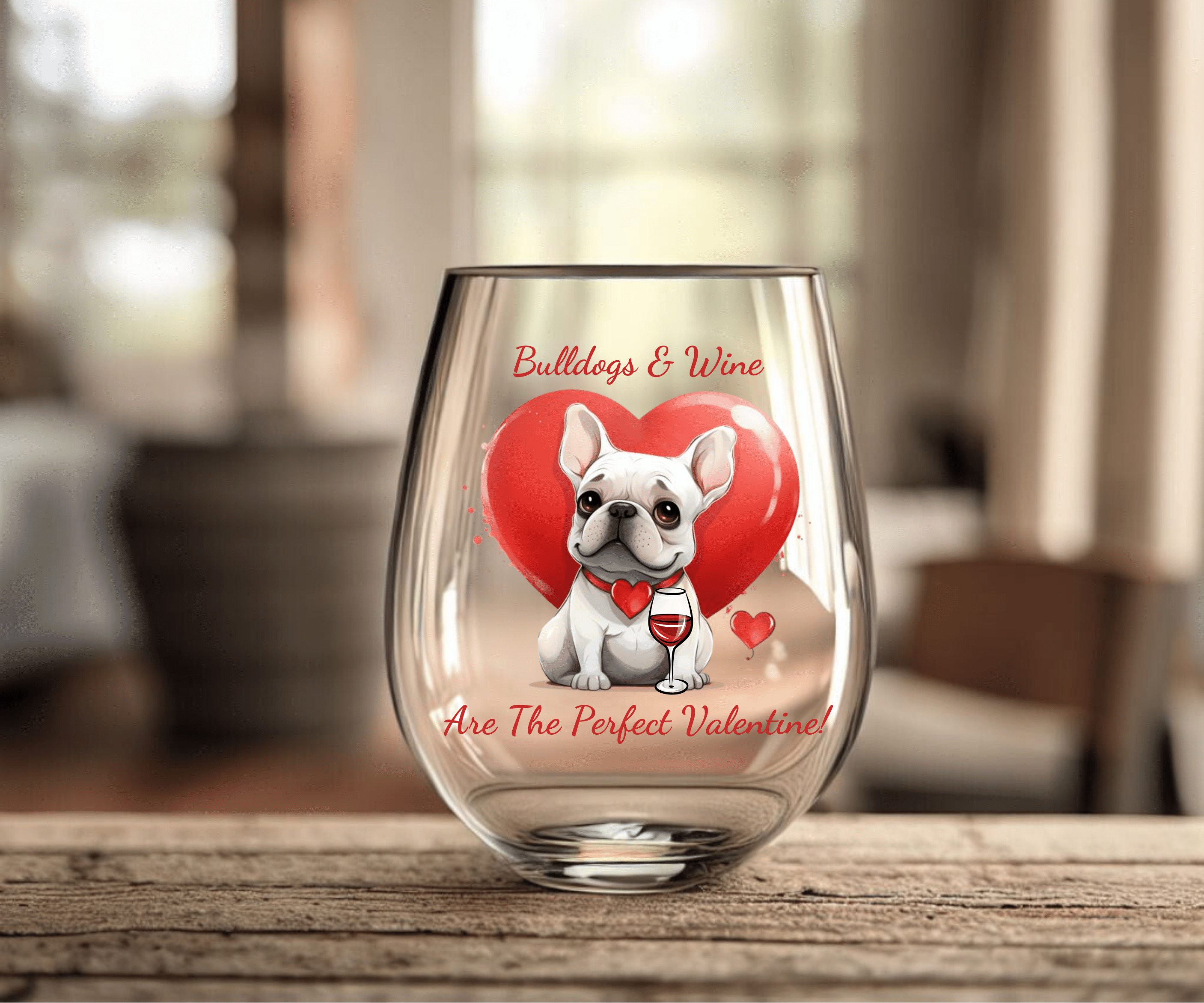 Bulldogs & Wine Are the Perfect Valentine! Stemless Wine Glass - White French