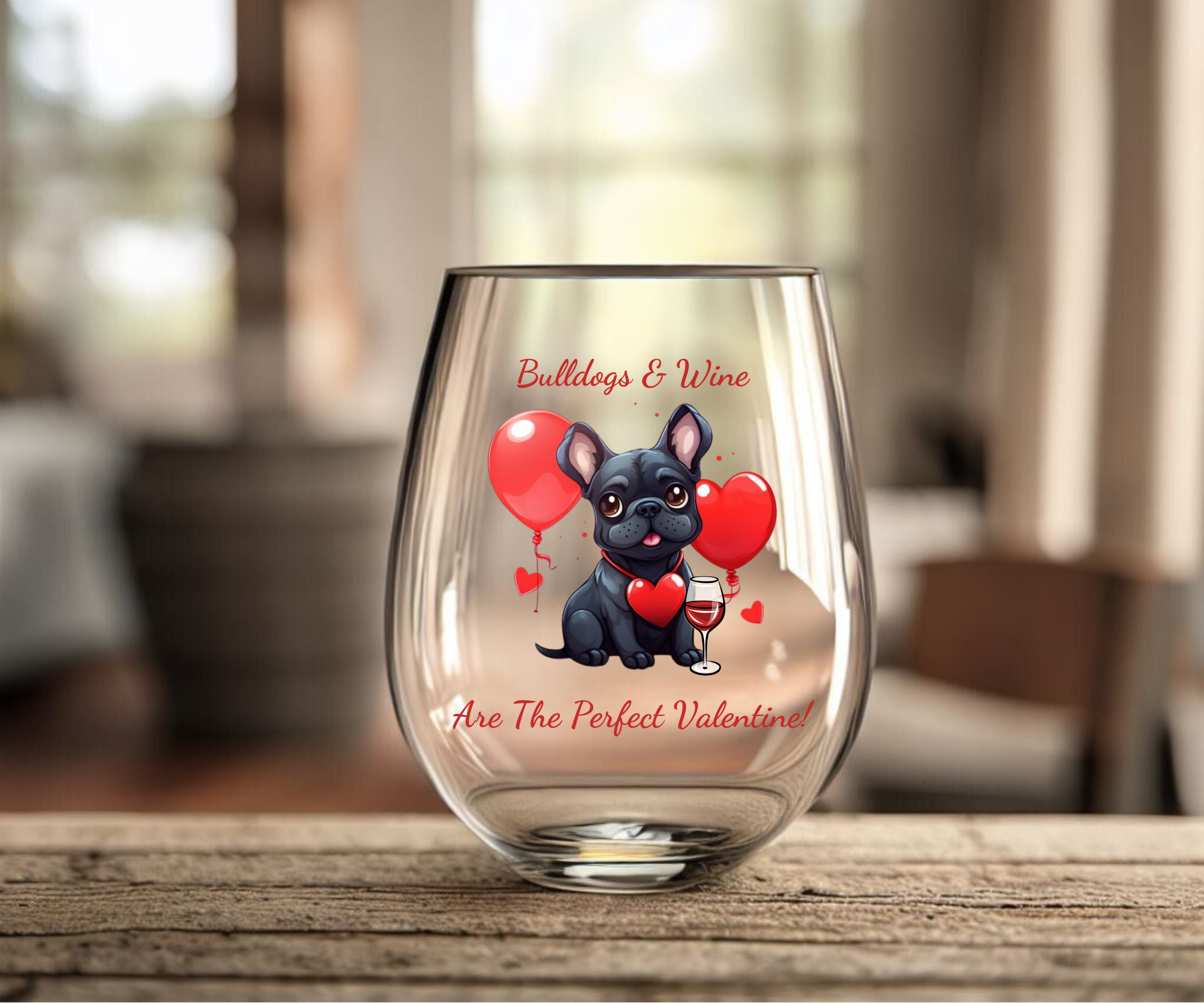 Bulldogs & Wine Are the Perfect Valentine! Stemless Wine Glass - Black French