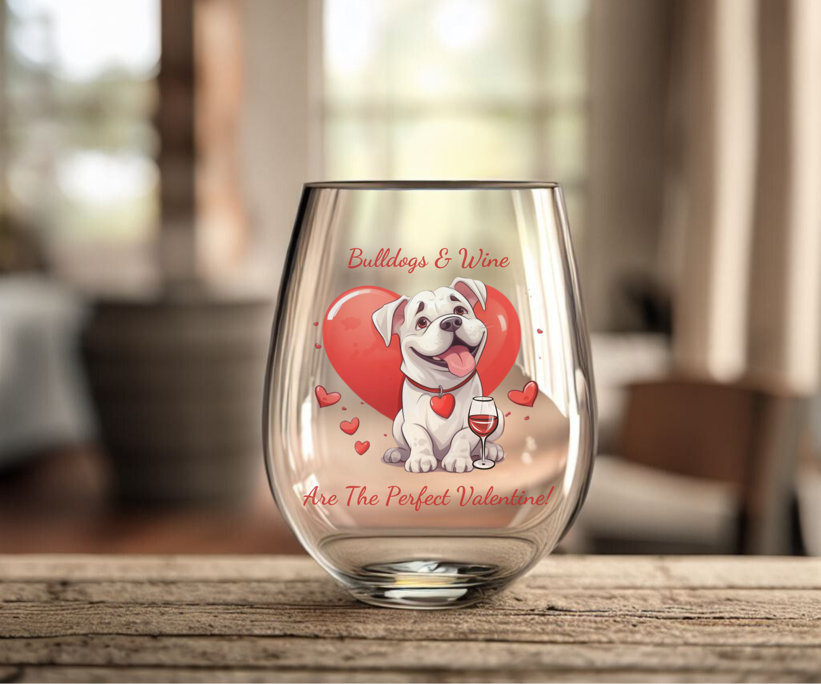 Bulldogs & Wine Are the Perfect Valentine! Stemless Wine Glass - English Bulldog