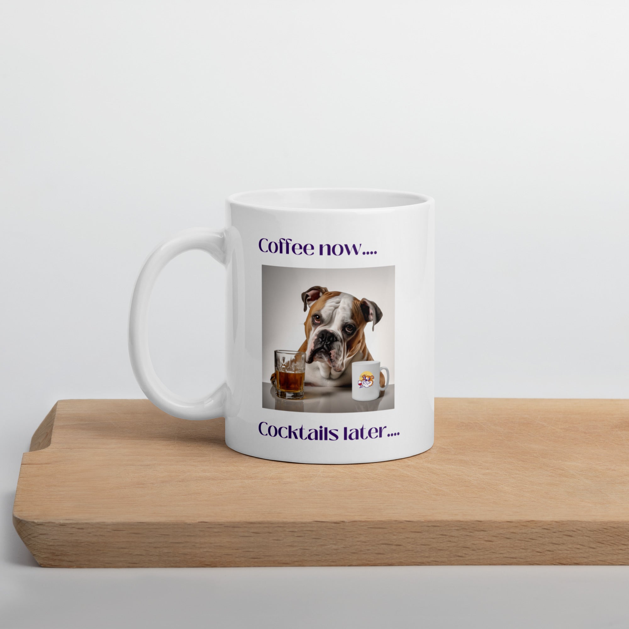 White glossy mug - Coffee Now - American Bulldog size chart - English Bulldog mom gift | Tipsy Bully