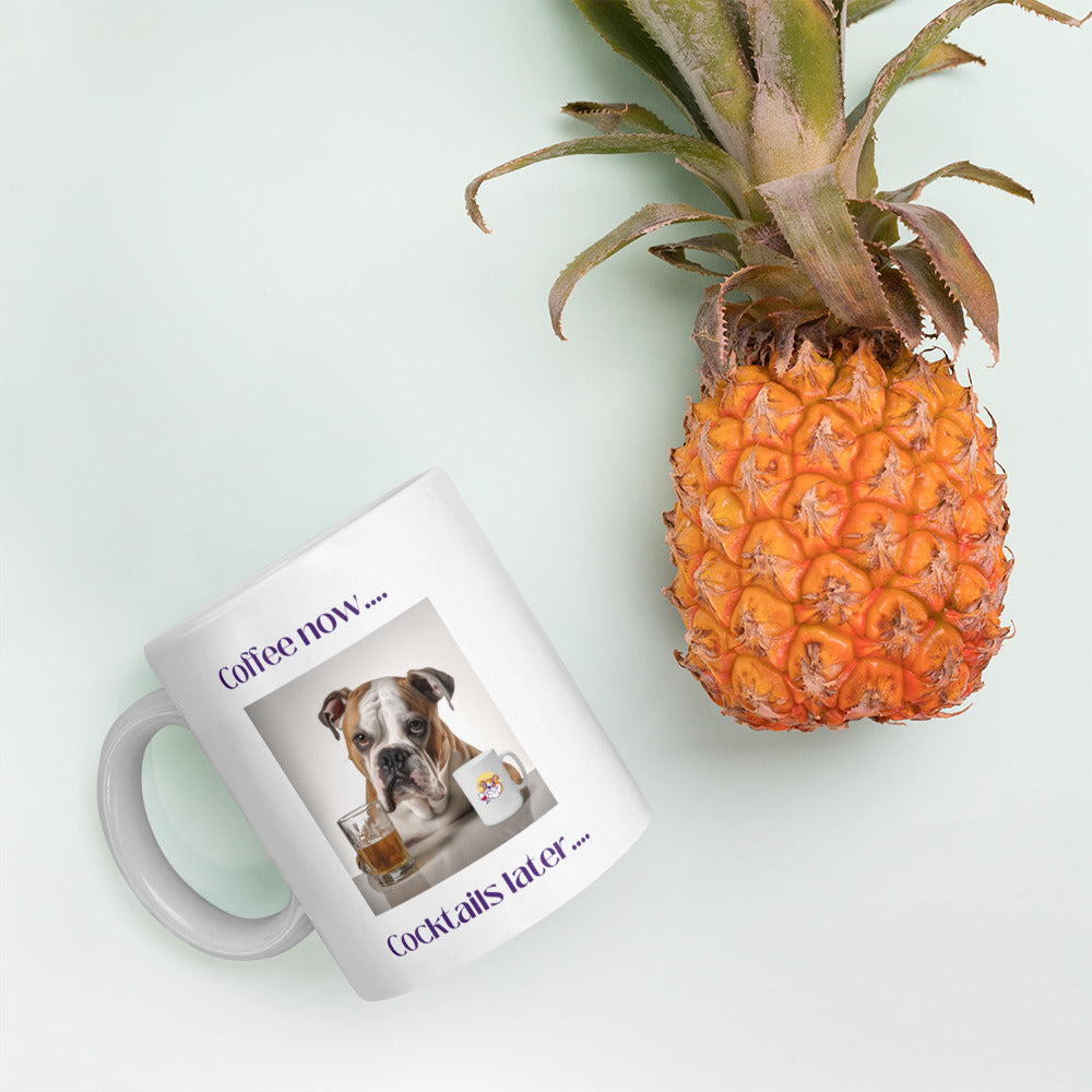 White glossy mug - Coffee Now - American Bulldog detail shot - English Bulldog mom gift | Tipsy Bully
