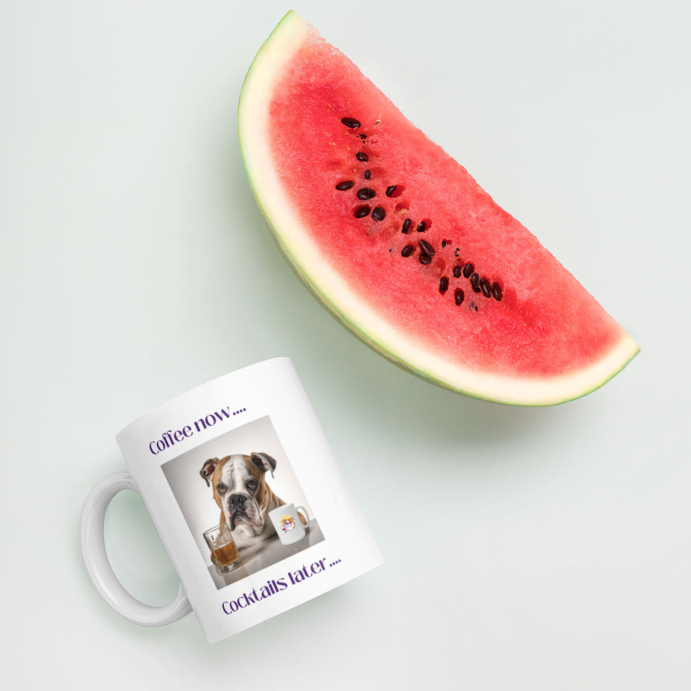 White glossy mug - Coffee Now - American Bulldog lifestyle photo - English Bulldog mom gift | Tipsy Bully