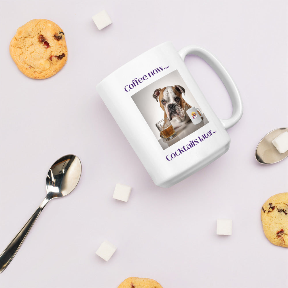 White glossy mug - Coffee Now - American Bulldog back view - English Bulldog mom gift | Tipsy Bully