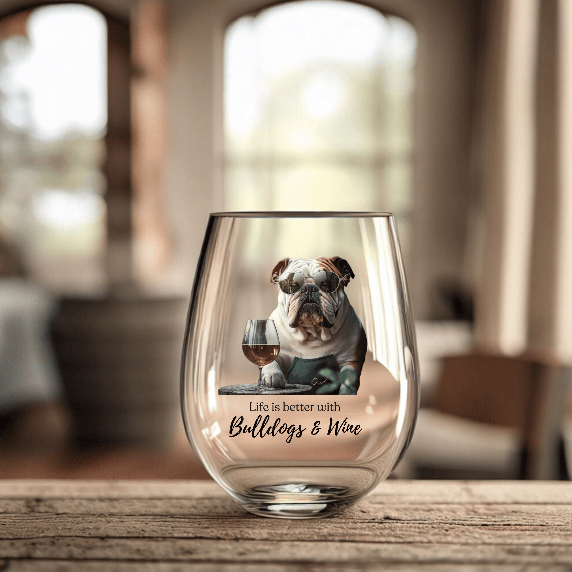 Drinkware collection — Life is Better with Bulldogs & Wine Stemless Glass