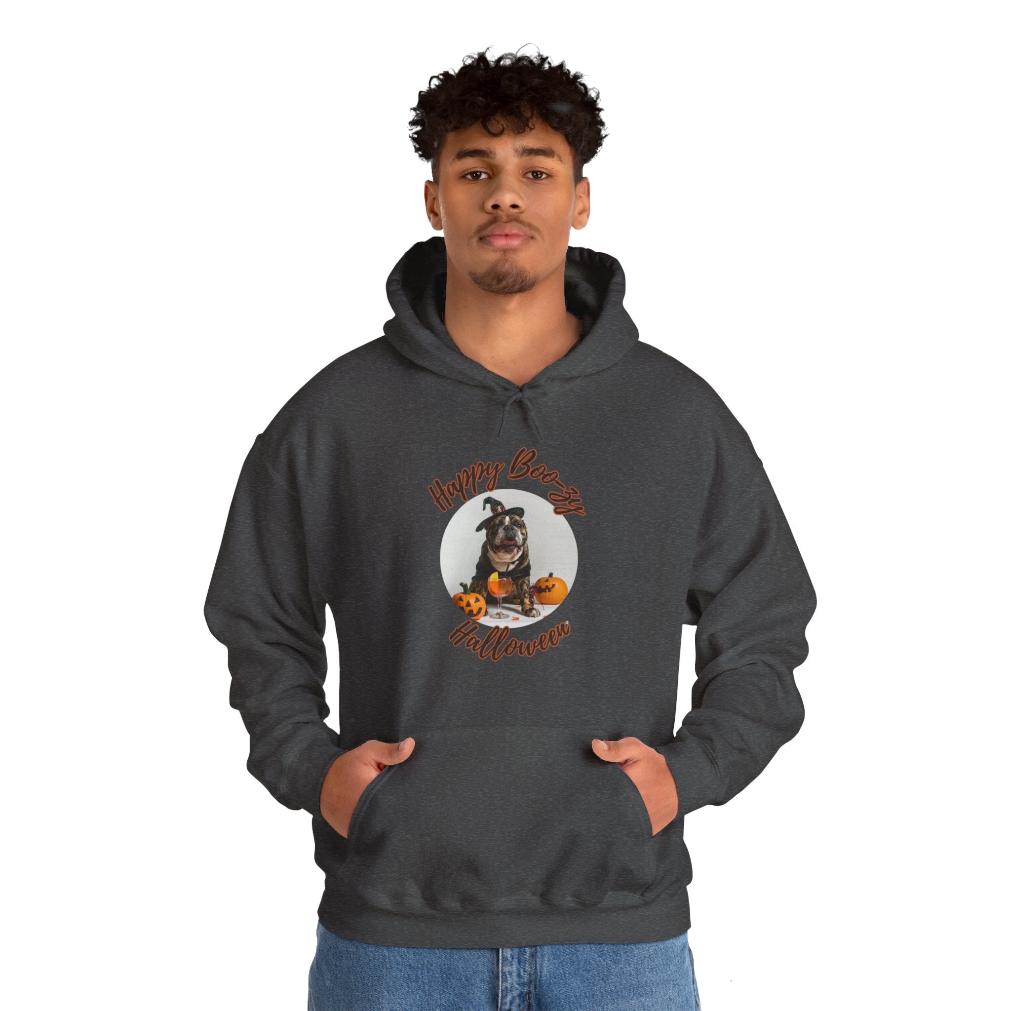 "Happy Boo-zy Halloween" Halloween Bulldog Hoodie (Black/French)