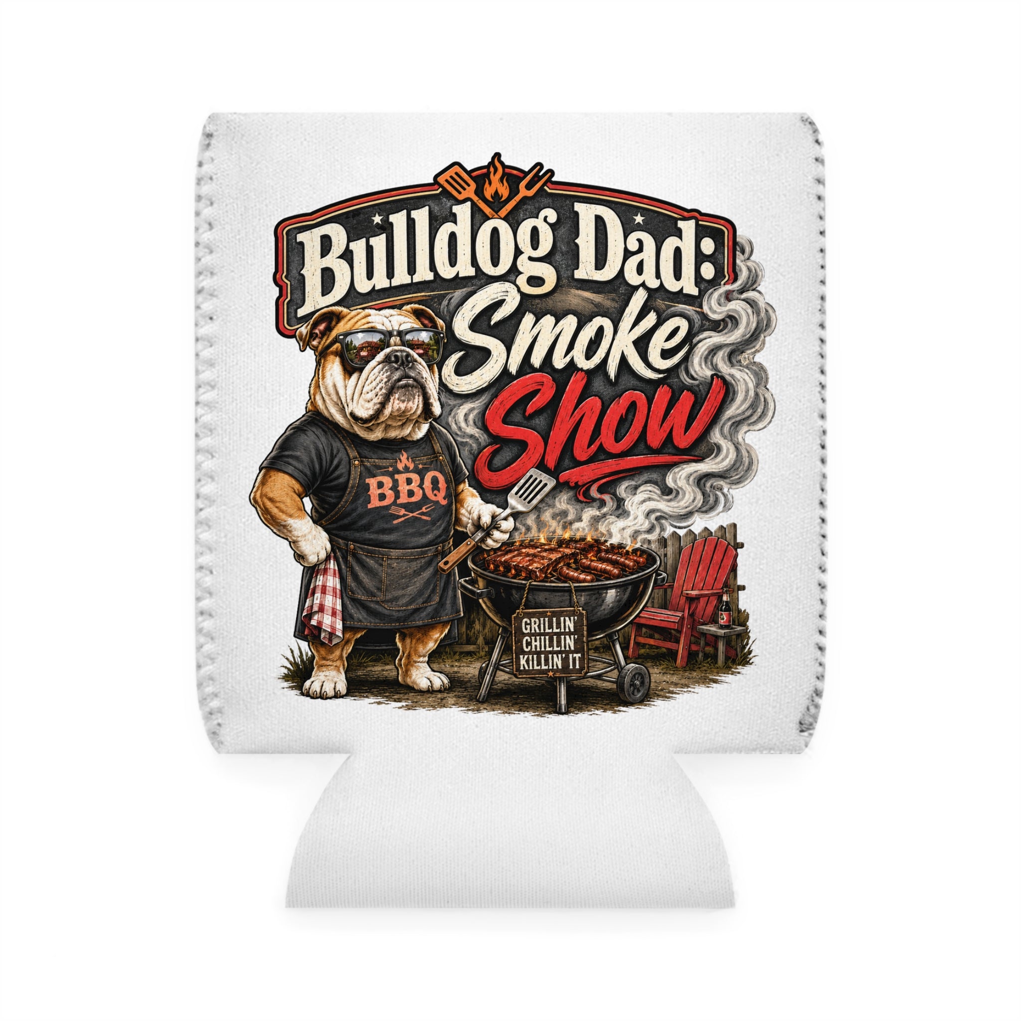 "Bulldog Dad Smoke Show" BBQ Can Cooler Sleeve (English)