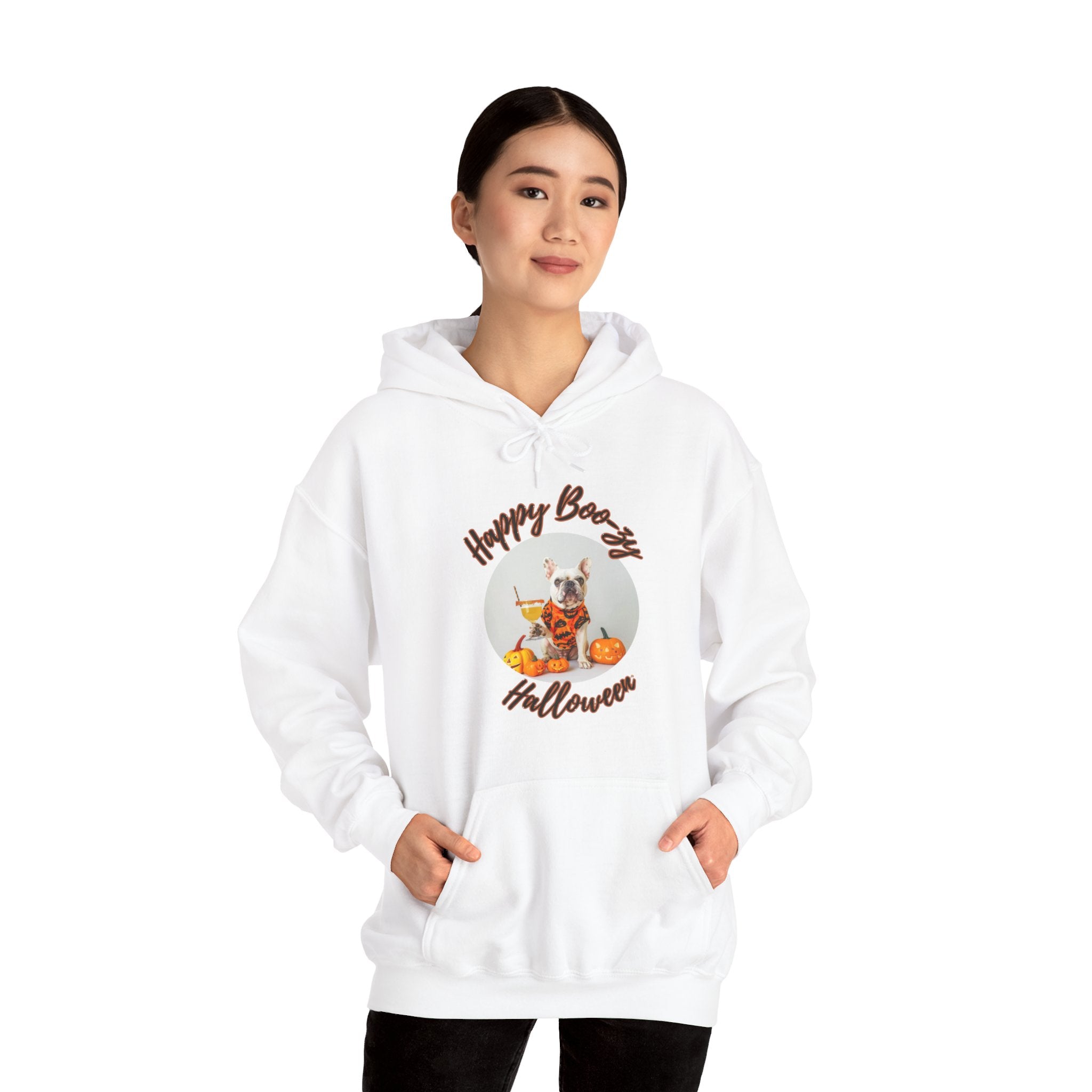 "Happy Boo-zy Halloween" Halloween Bulldog Hoodie (White/French)