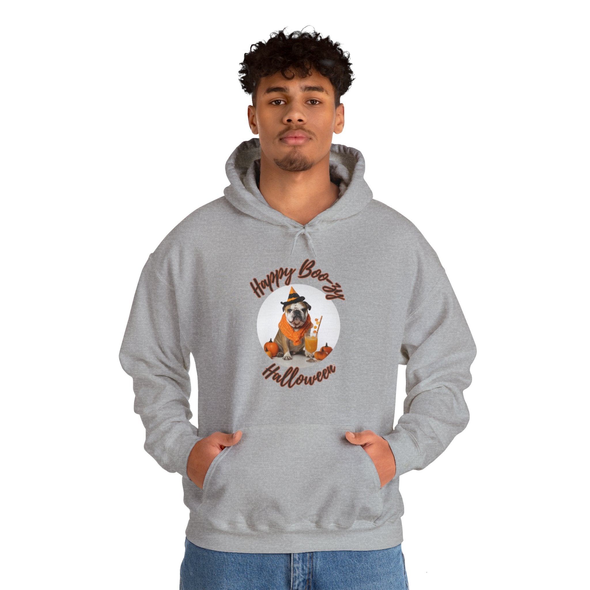 "Happy Boo-zy Haloween" Halloween Bulldog Hoodie (Tan/English)