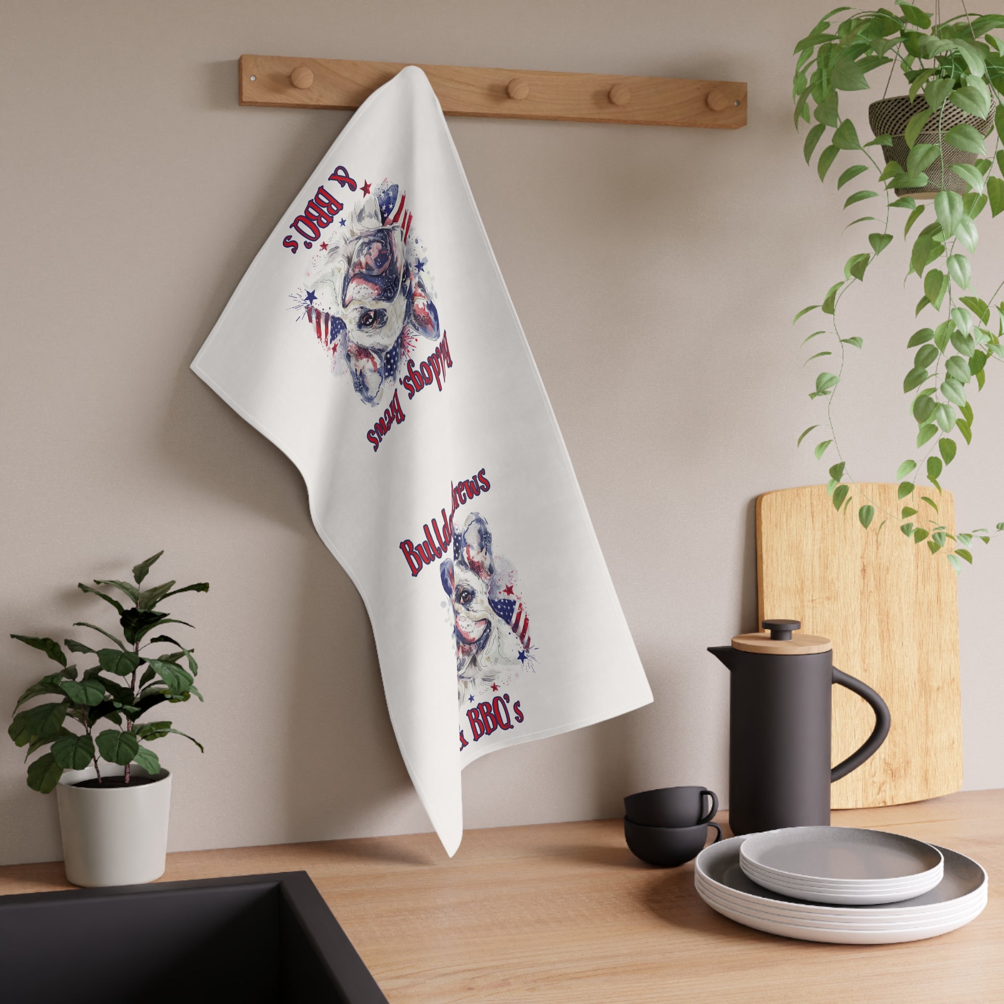 Bulldogs, Brews & BBQs 4th of July Kitchen Towel | Patriotic Bulldog Tea Towel (French)