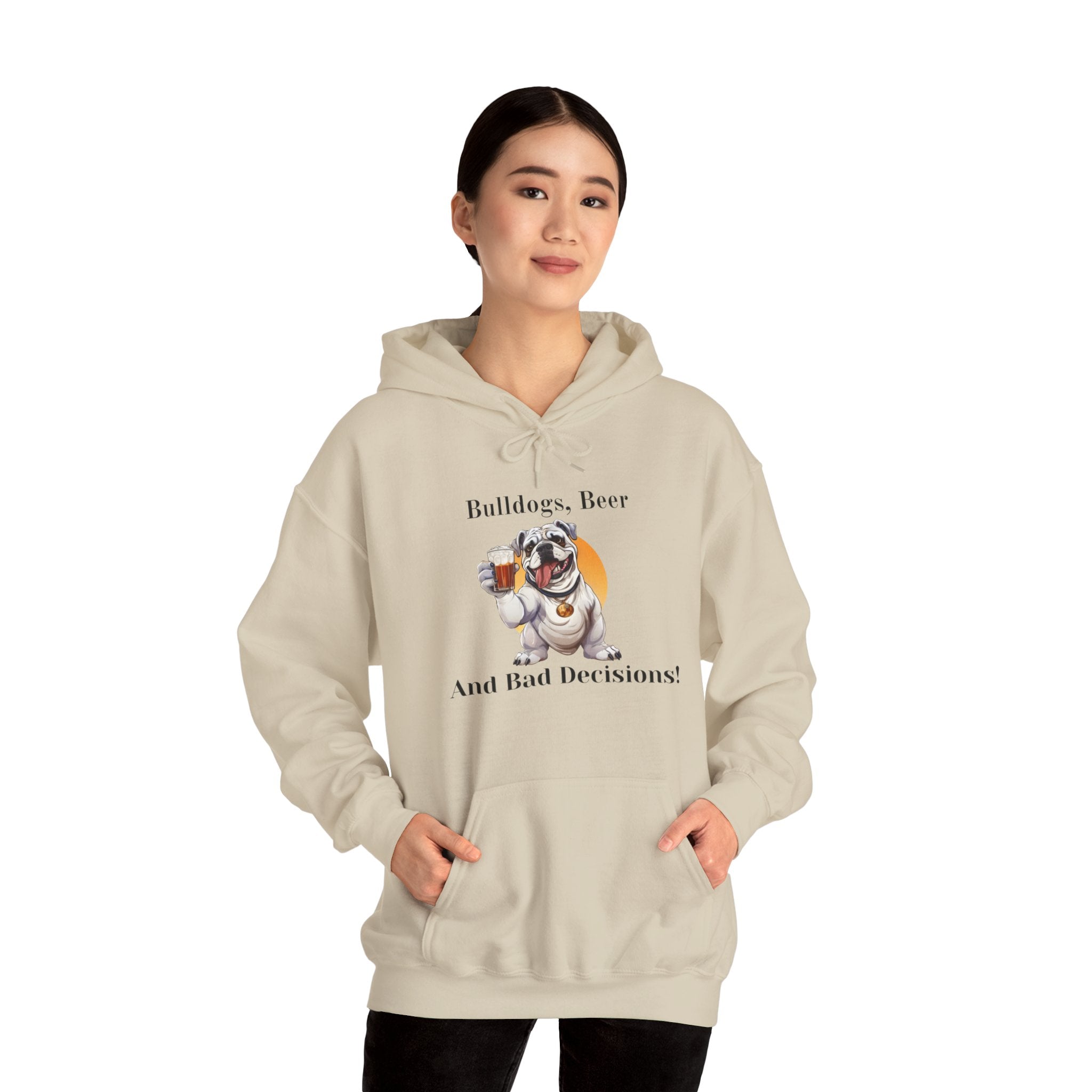 Bulldogs, Beer, and Bad Decisions" Hoodie - Your Go-To Gear for Mischievous Times! (English/White)