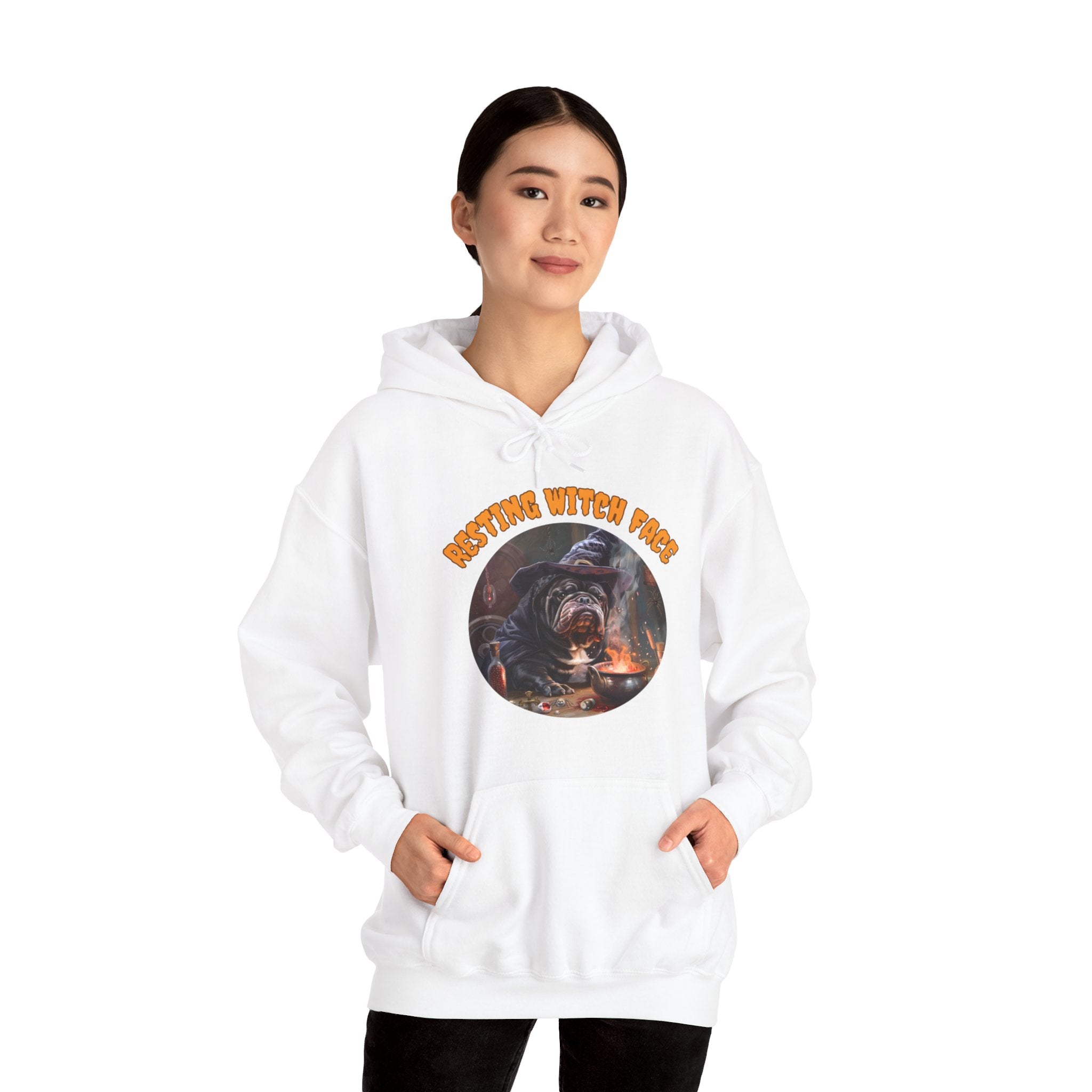 "Resting Witch Face" Halloween Bulldog Hoodie (Black/English)