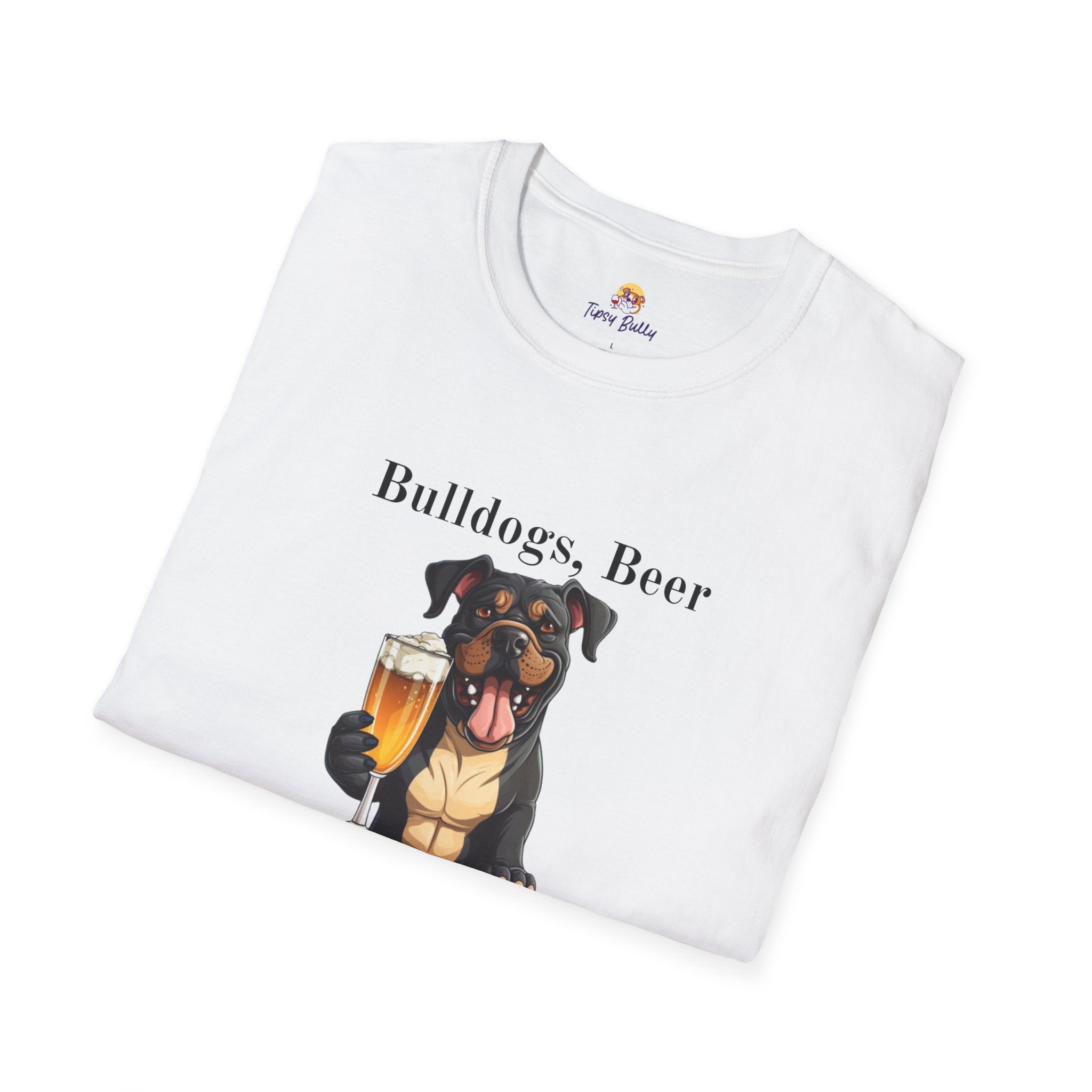 Bulldogs, Beer, and Bad Decisions" Unisex T-Shirt by Tipsy Bully (American/Black)