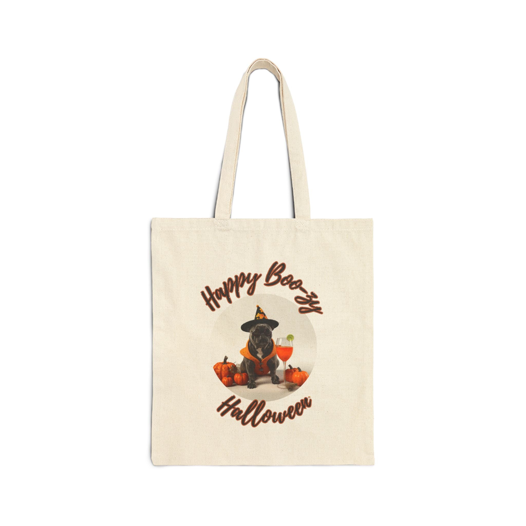 "Happy Boo-zy Halloween" Trick or Treat Canvas Tote Bag (Black/French)