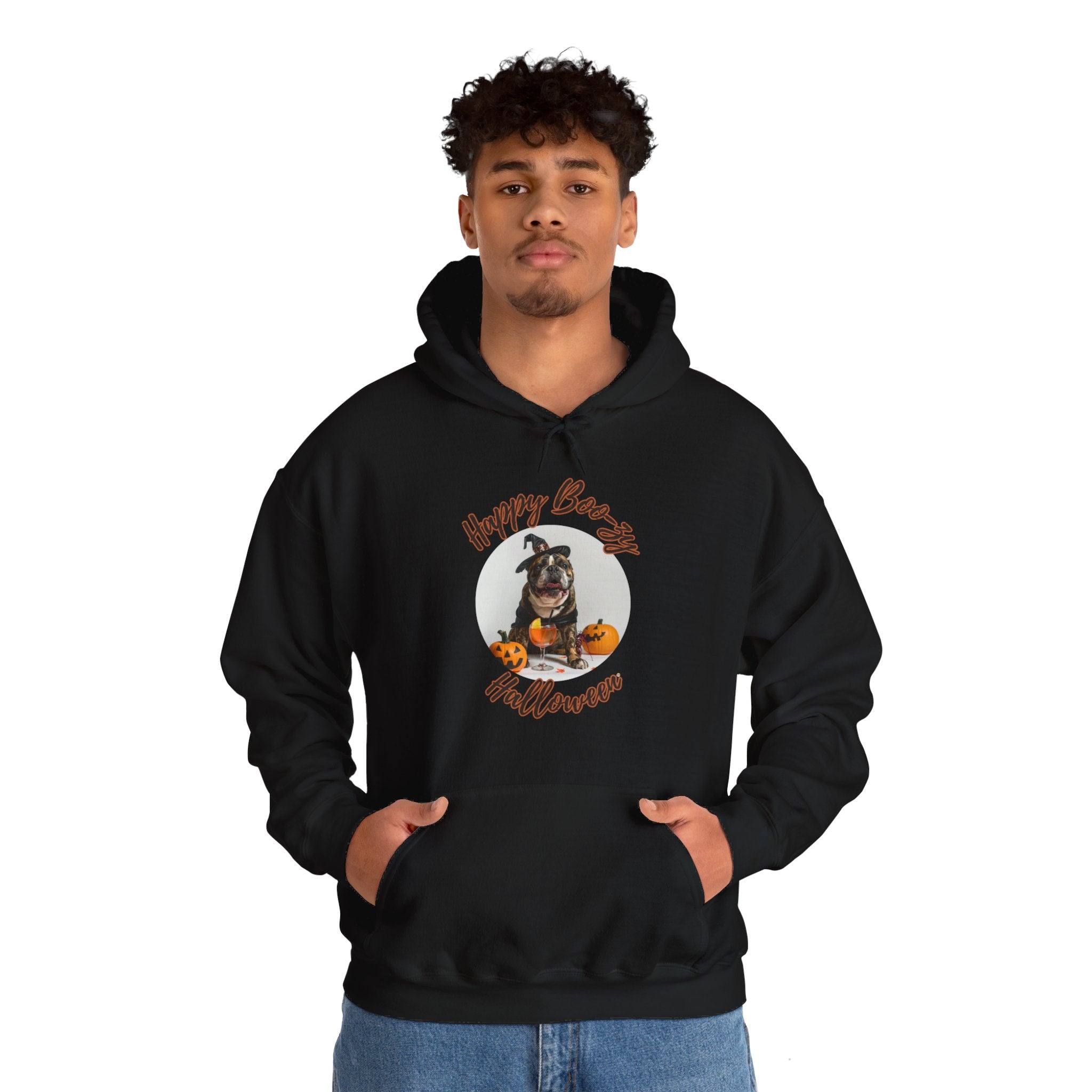 "Happy Boo-zy Halloween" Halloween Bulldog Hoodie (Black/English)