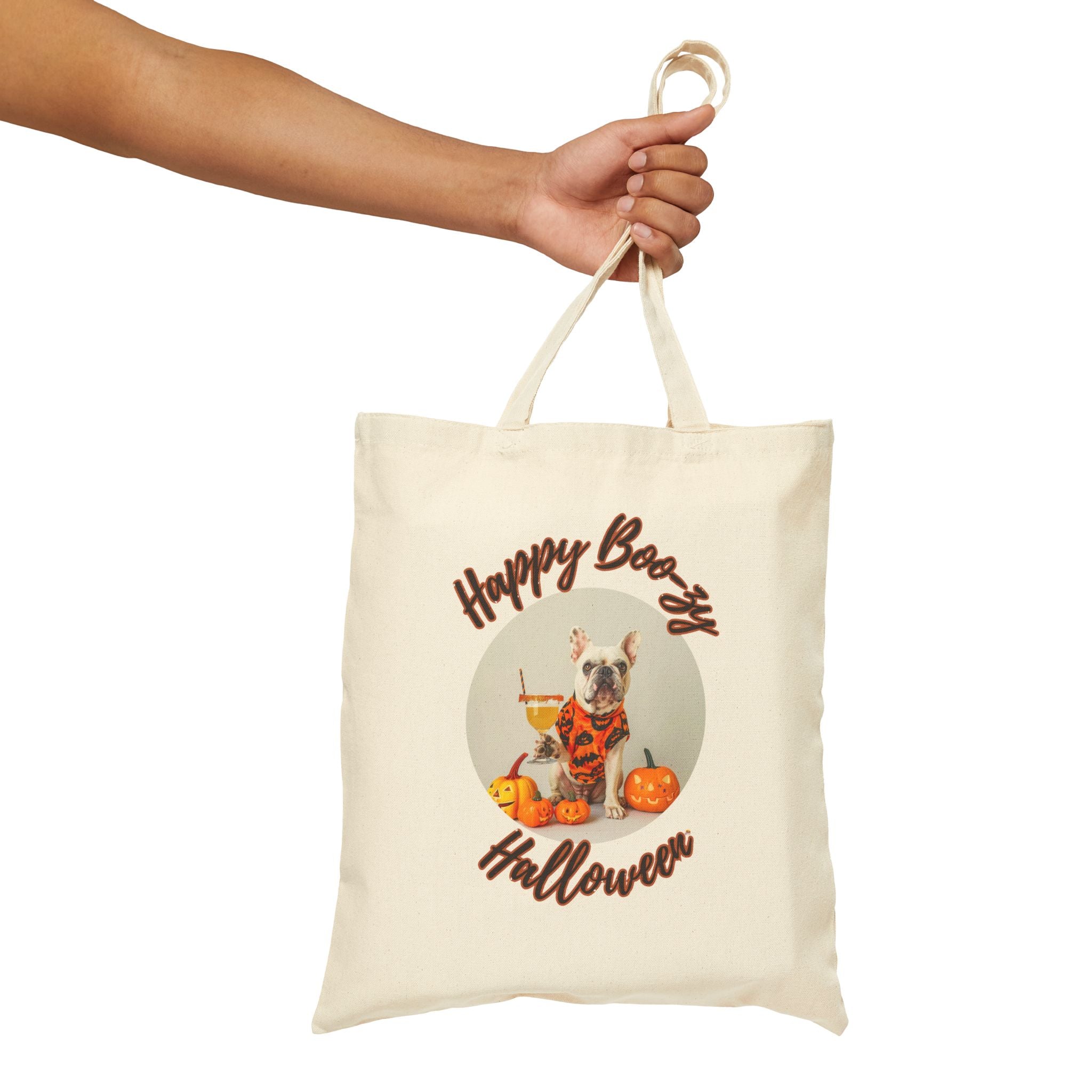 "Happy Boo-zy Halloween" Trick or Treat Canvas Tote Bag (White/French)