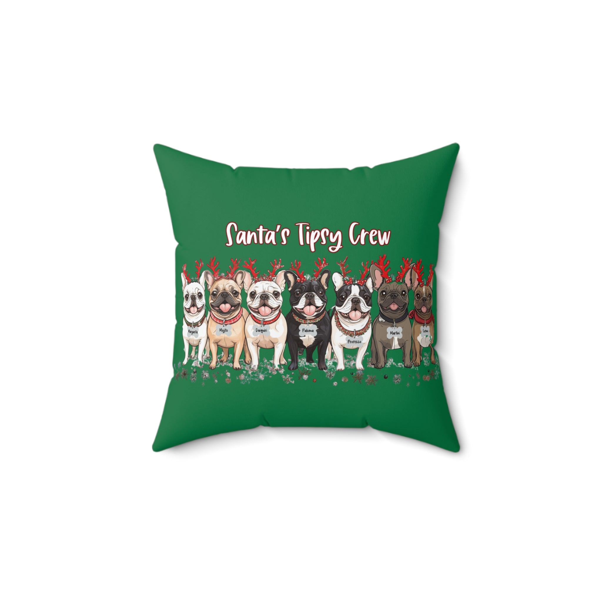 “Santa’s Tipsy Crew” Christmas pillow (Green/French)