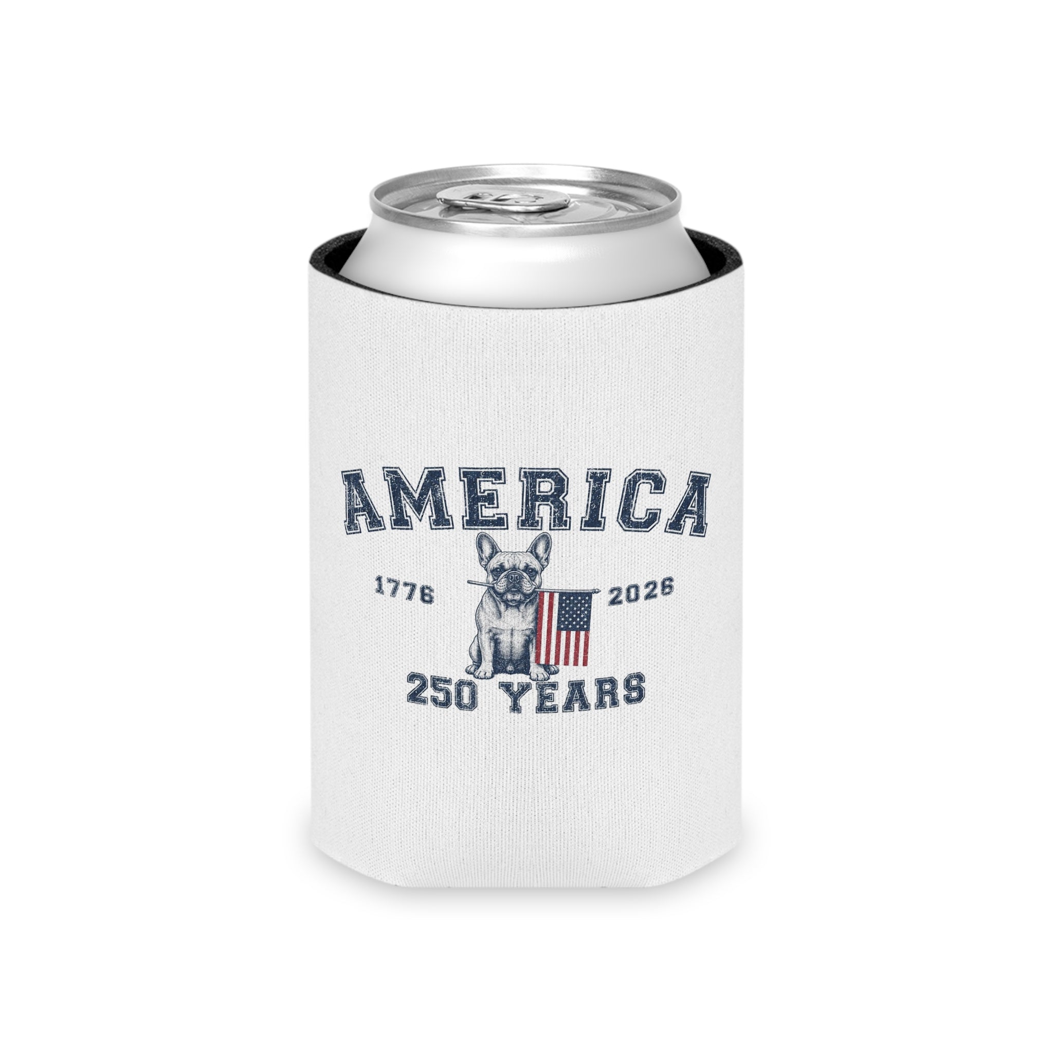 America 250 Years Bulldog Can Cooler | Patriotic Drink Sleeve for BBQs, Brews & Bulldog Dads (French)