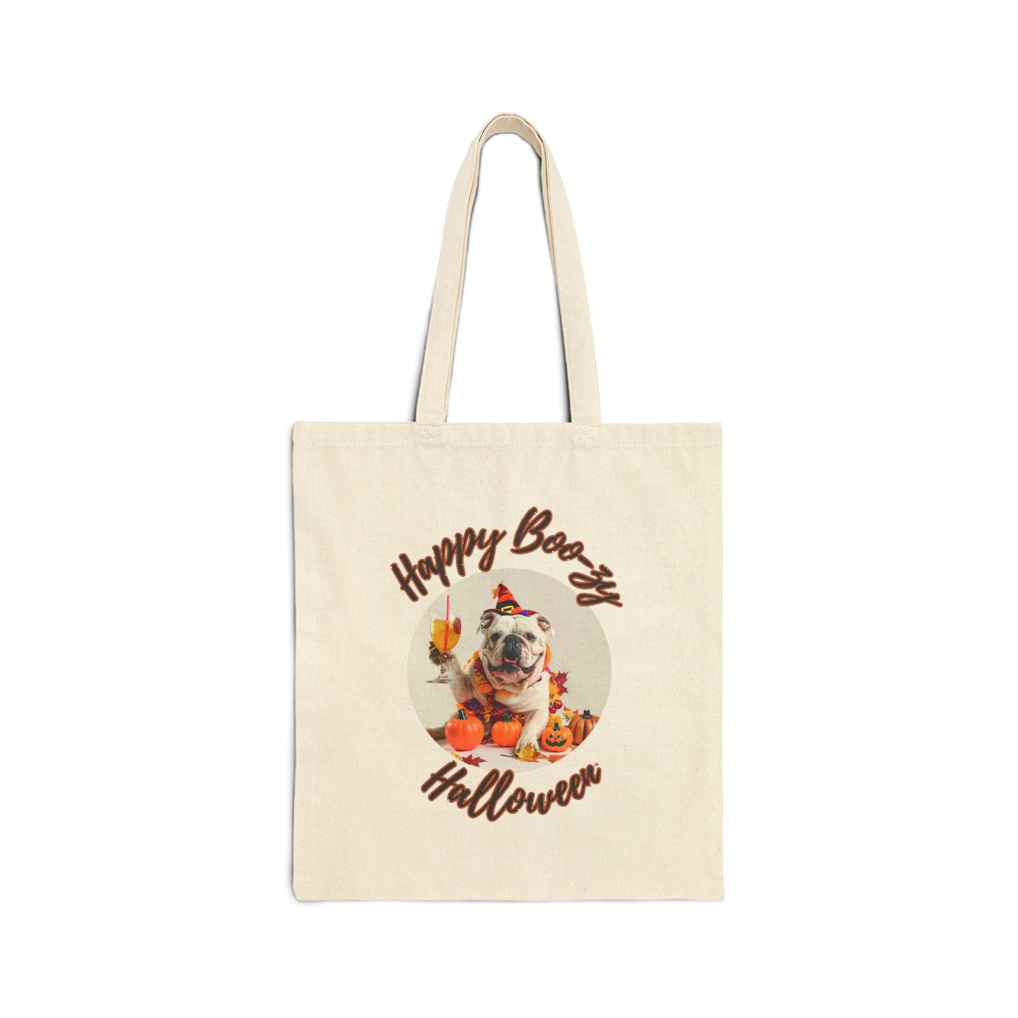 "Happy Boo-zy Halloween" Trick or Treat Canvas Tote Bag (White/English)