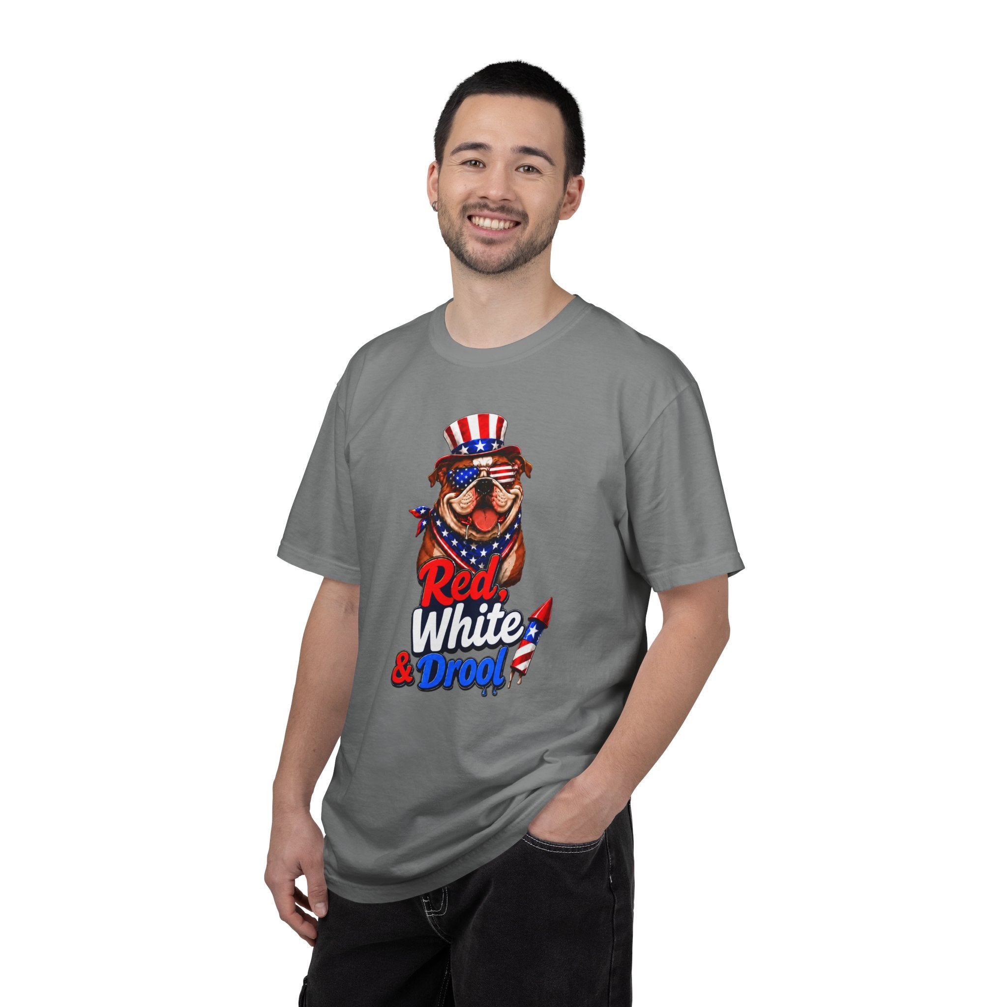 Red, White & Drool Bulldog T-Shirt | Patriotic Garment-Dyed Tee (English)