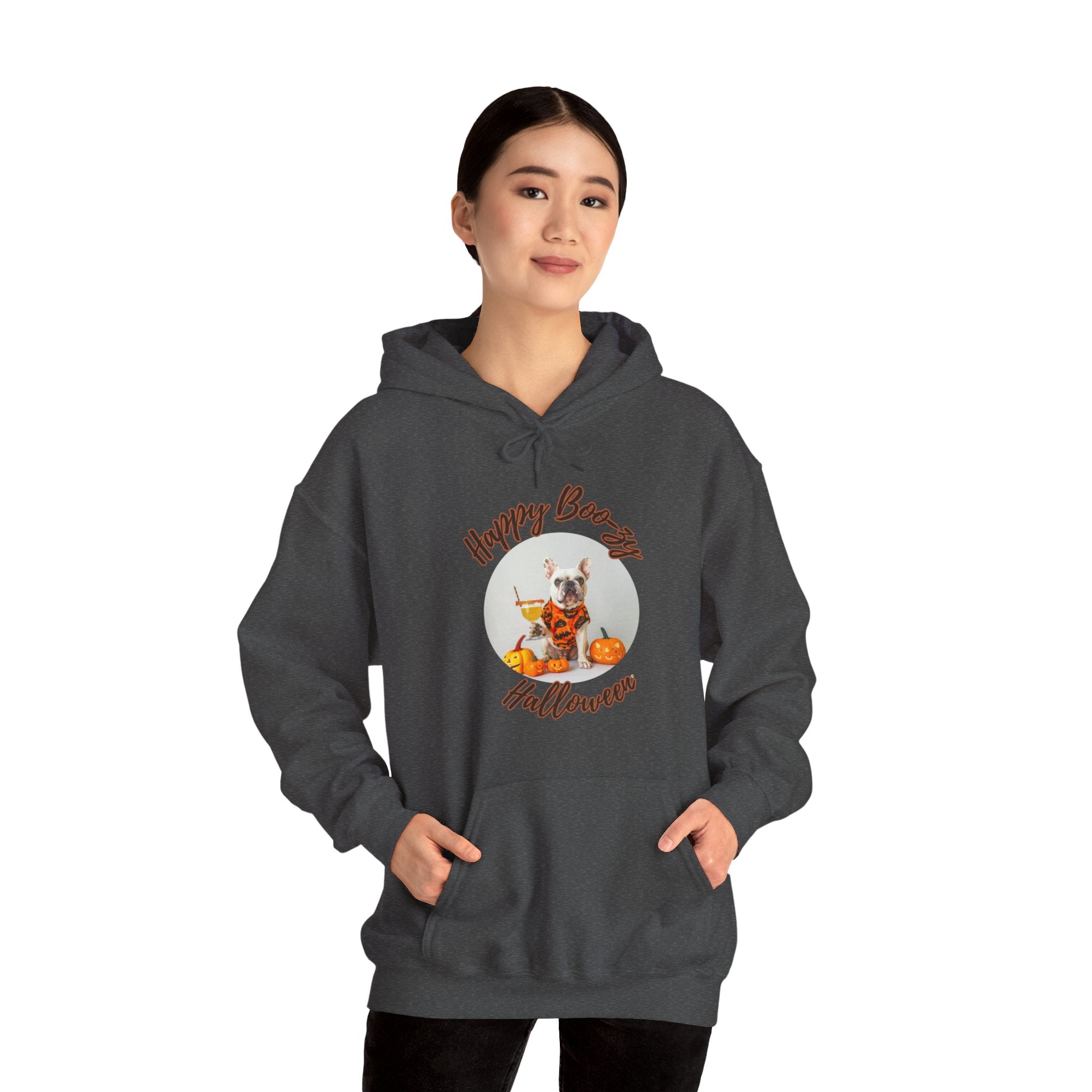 "Happy Boo-zy Halloween" Halloween Bulldog Hoodie (White/French)