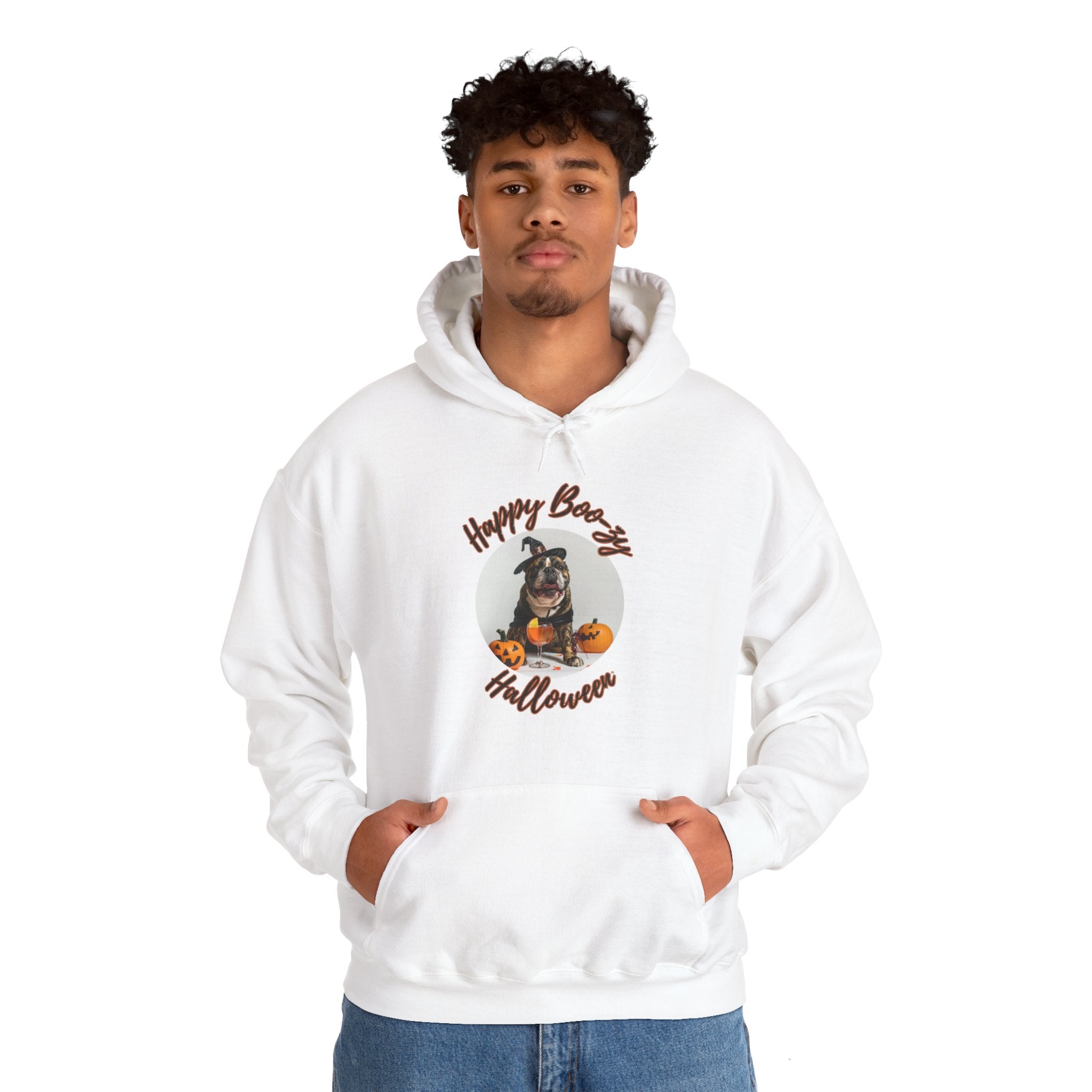 "Happy Boo-zy Halloween" Halloween Bulldog Hoodie (Black/French)