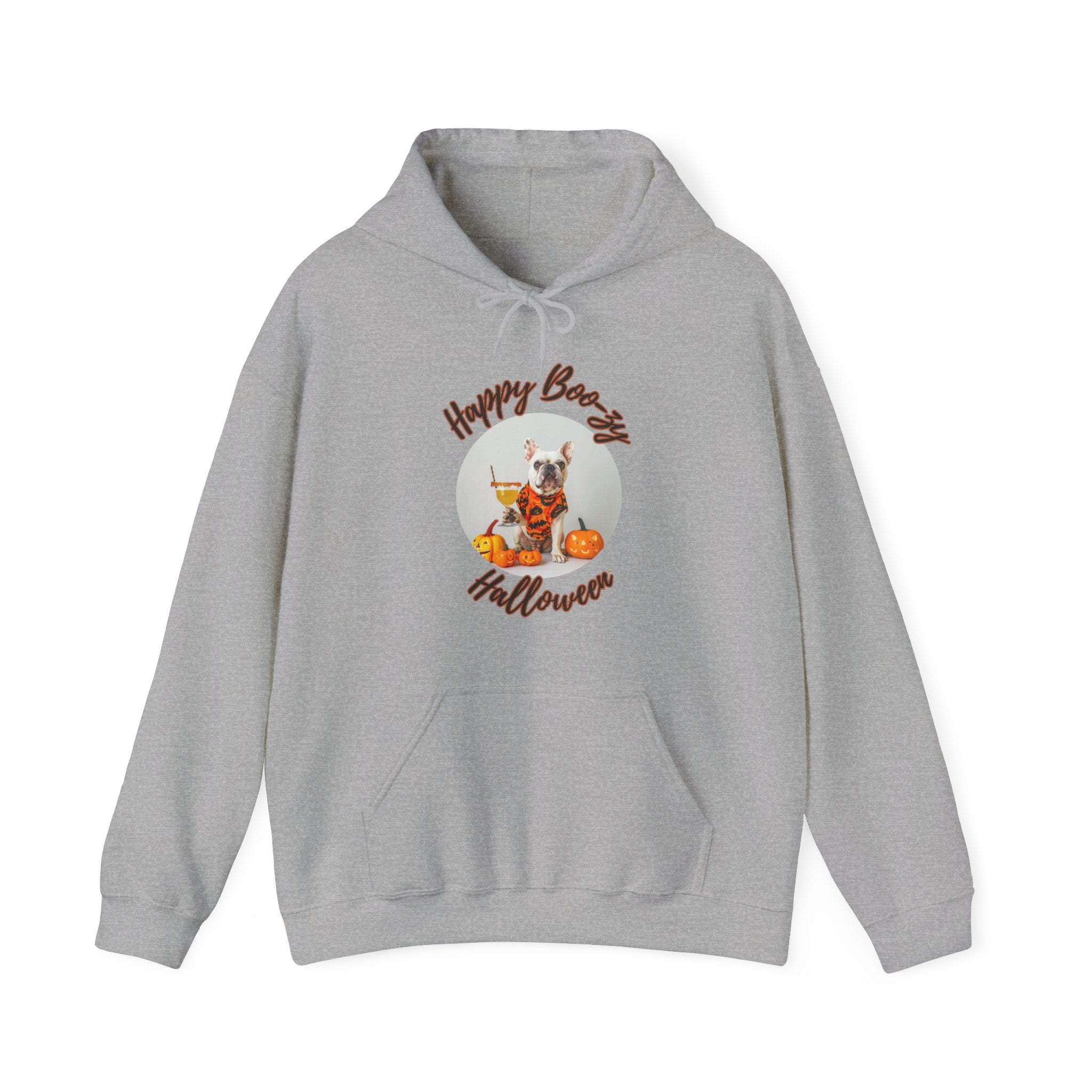 "Happy Boo-zy Halloween" Halloween Bulldog Hoodie (White/French)