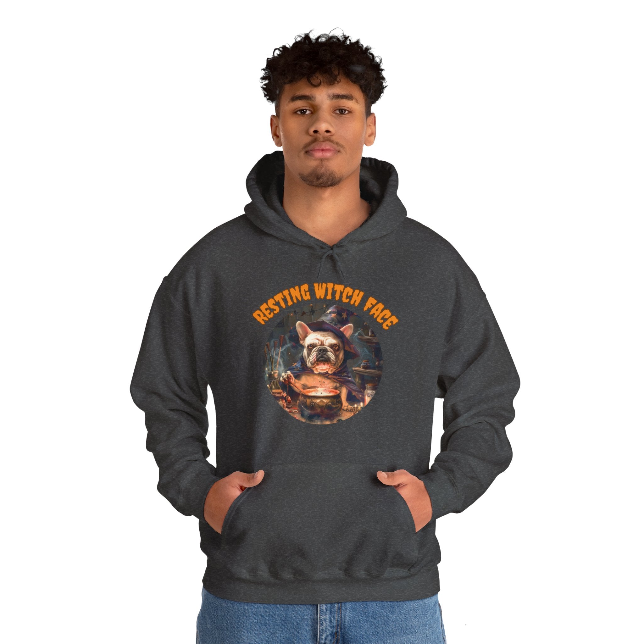 "Resting Witch Face" Halloween Bulldog Hoodie (White/French)