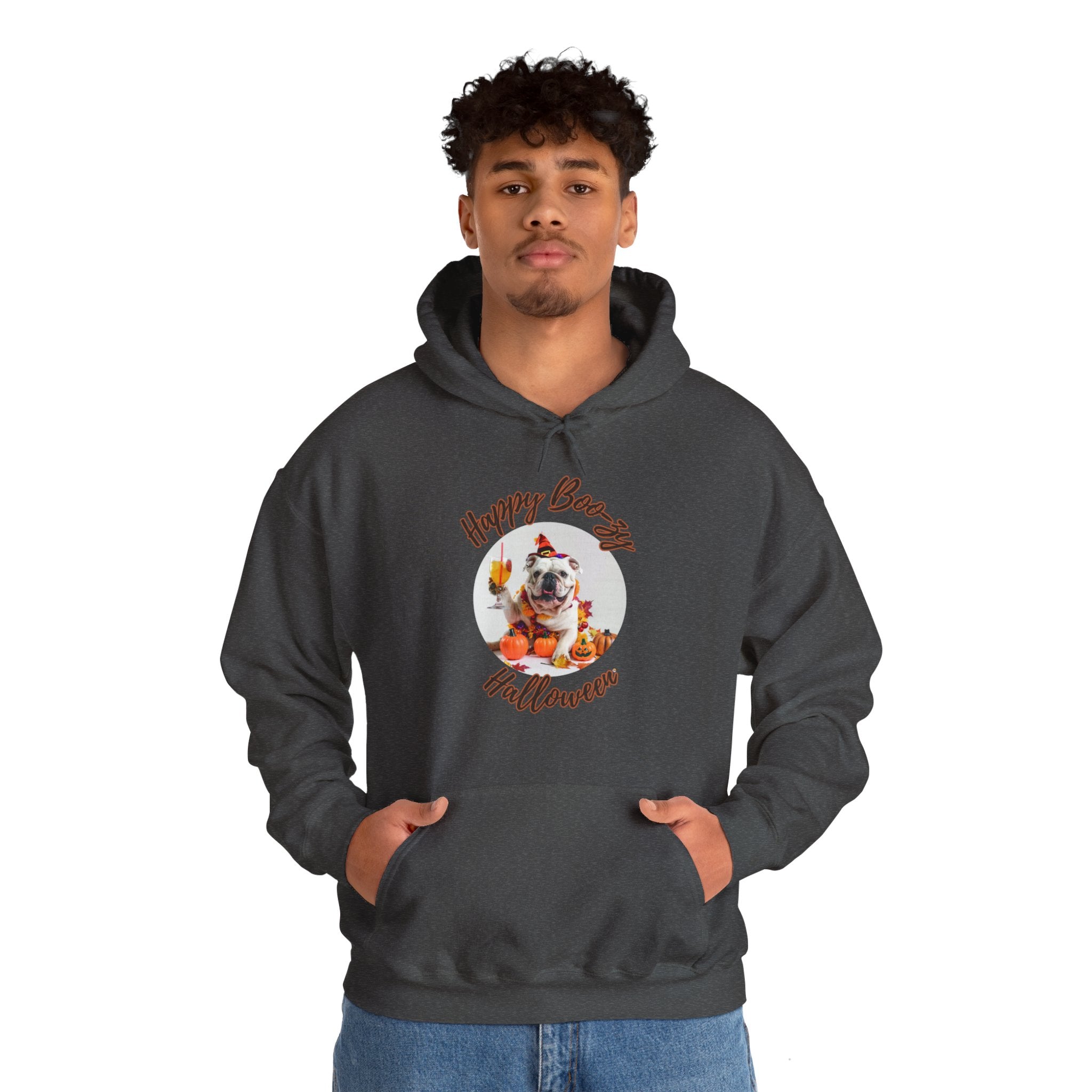 "Happy Boo-zy Halloween" Halloween Bulldog Hoodie (White/English)