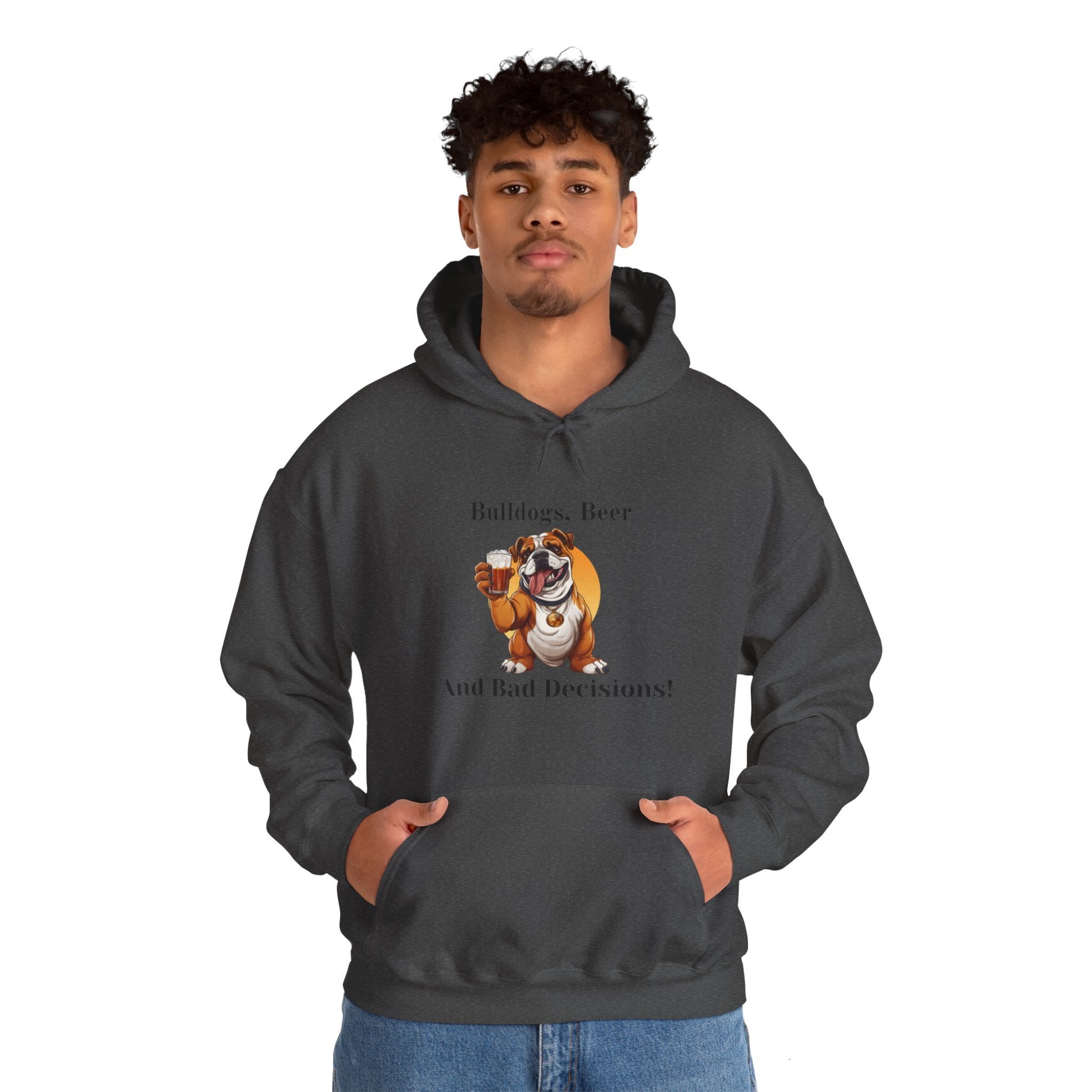 Bulldogs, Beer, and Bad Decisions" Hoodie - Your Go-To Gear for Mischievous Times! (English/Brown)