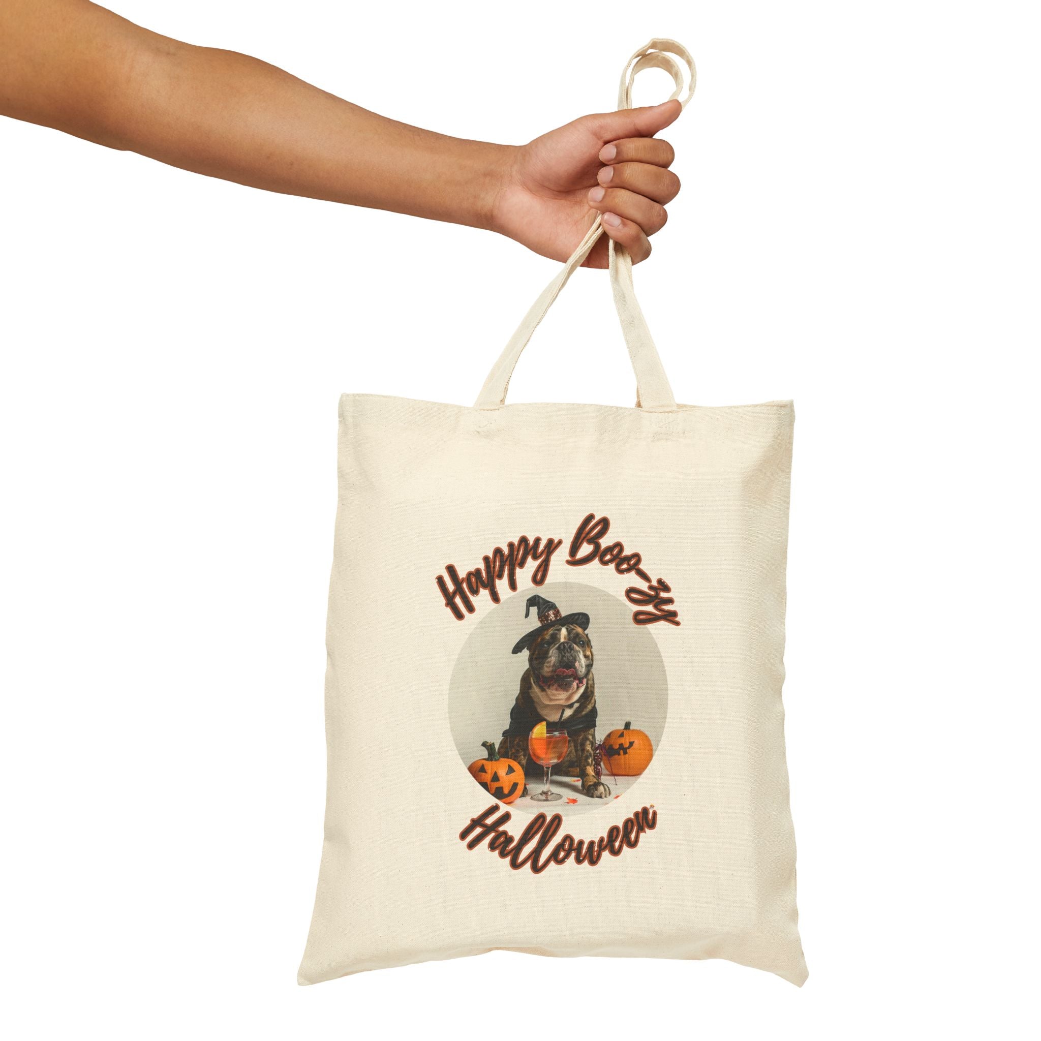 "Happy Boo-zy Halloween" Trick or Treat Canvas Tote Bag (Black/English)