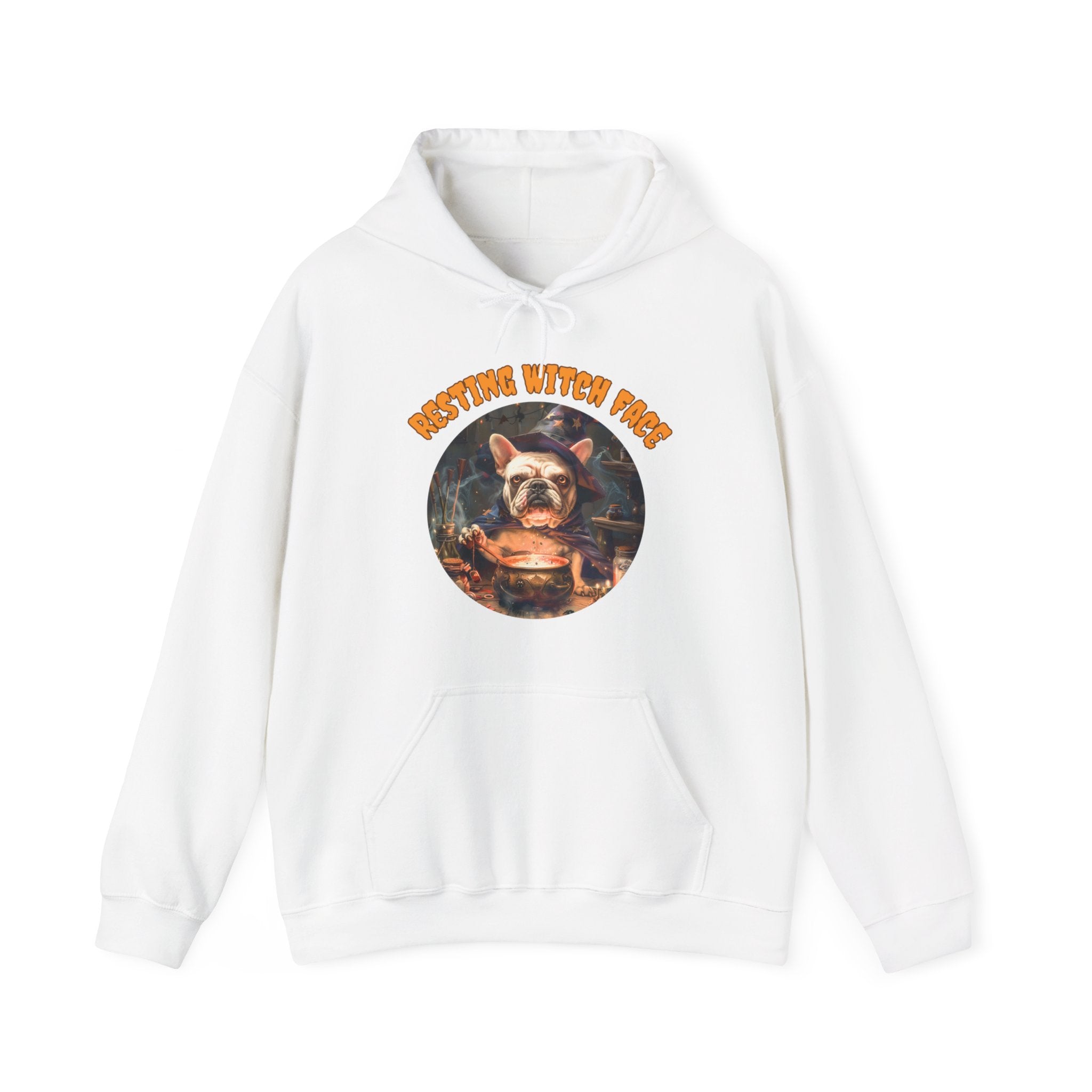 "Resting Witch Face" Halloween Bulldog Hoodie (White/French)