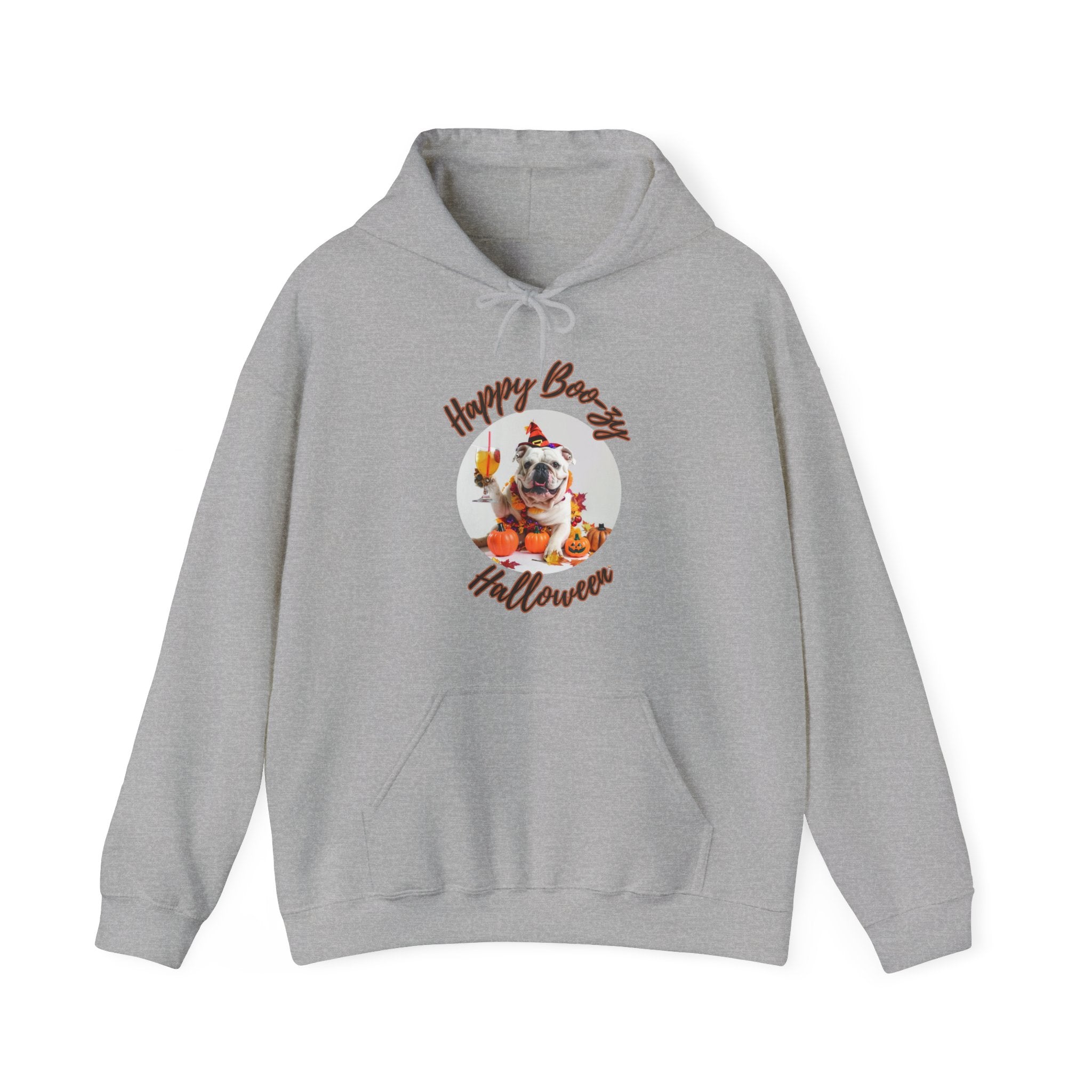 "Happy Boo-zy Halloween" Halloween Bulldog Hoodie (White/English)