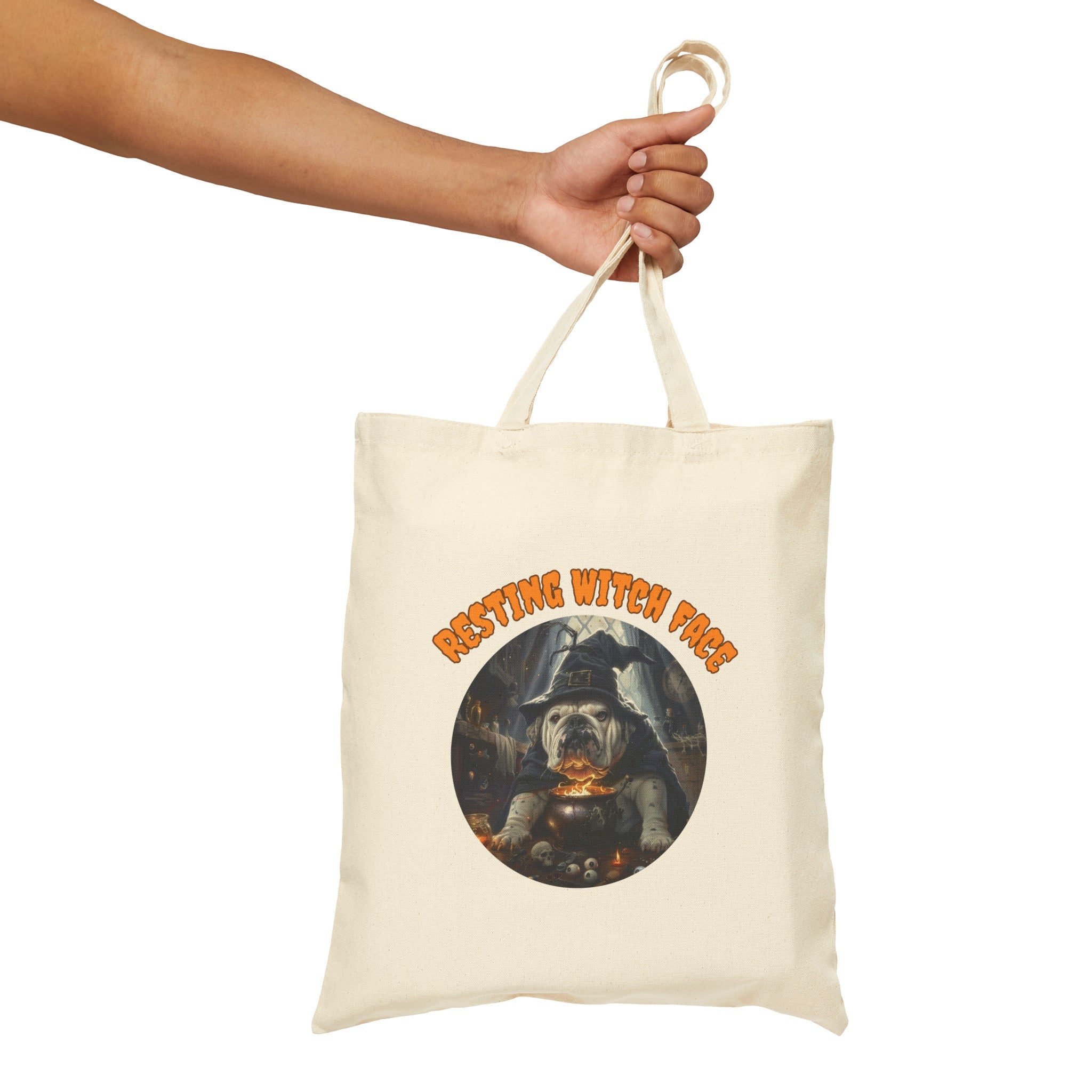 "Resting Witch Face" Trick or Treat Canvas Tote Bag (White/English)