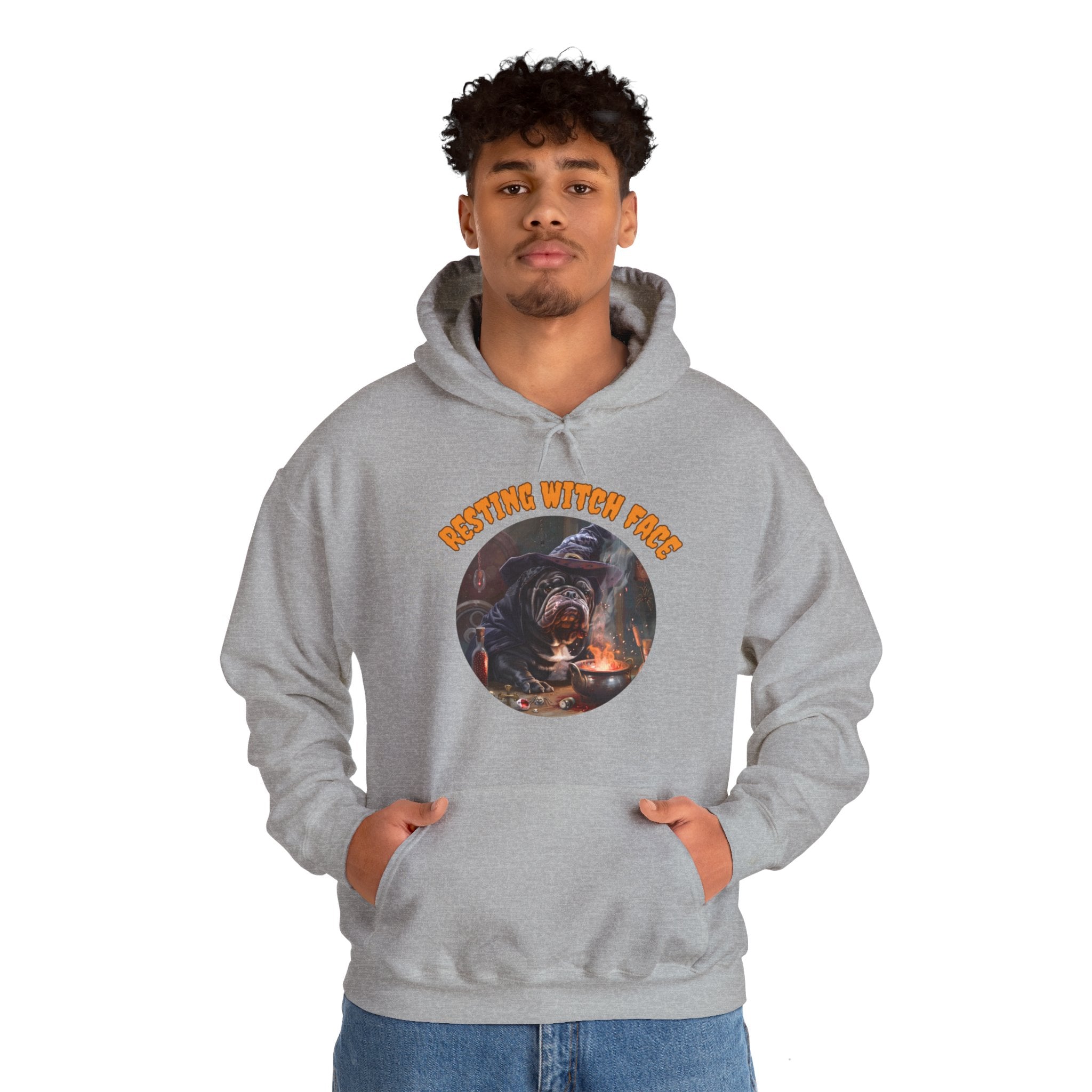 "Resting Witch Face" Halloween Bulldog Hoodie (Black/English)