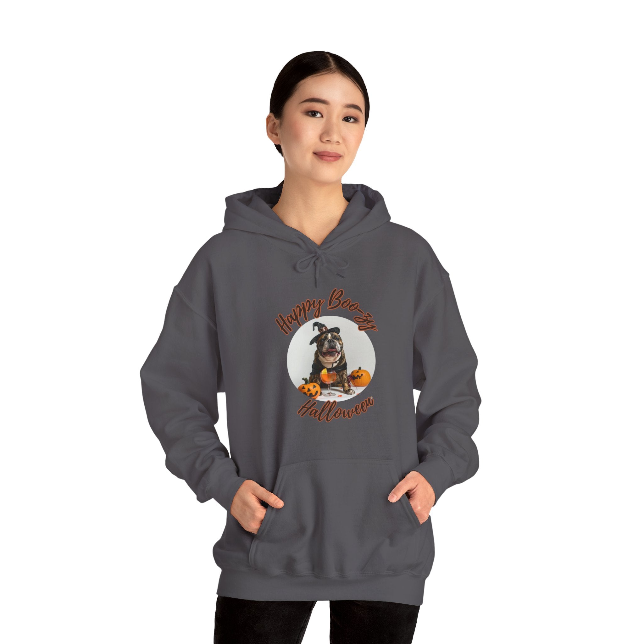 "Happy Boo-zy Halloween" Halloween Bulldog Hoodie (Black/French)