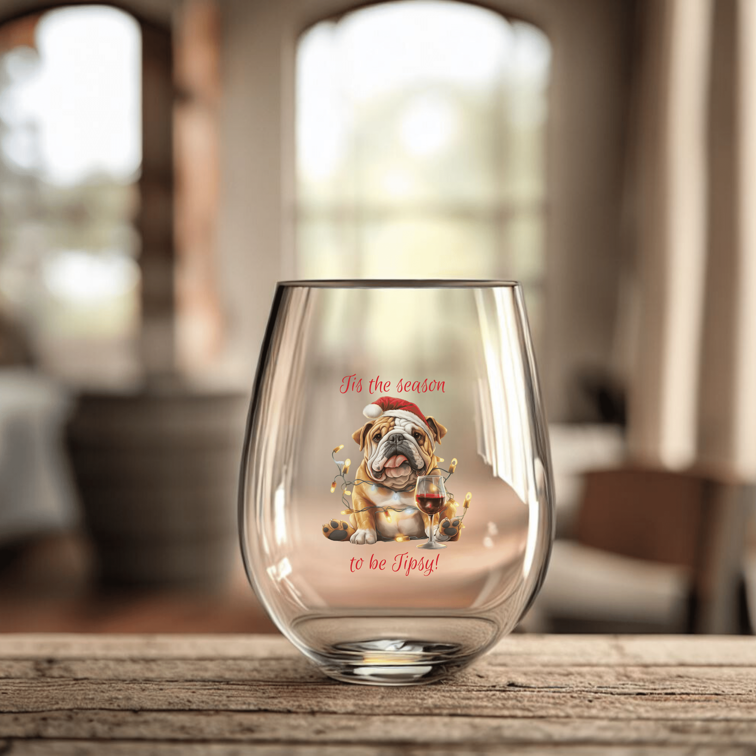 "Tis the Season to Be Tipsy!" Stemless Wine Glass - English Bulldog