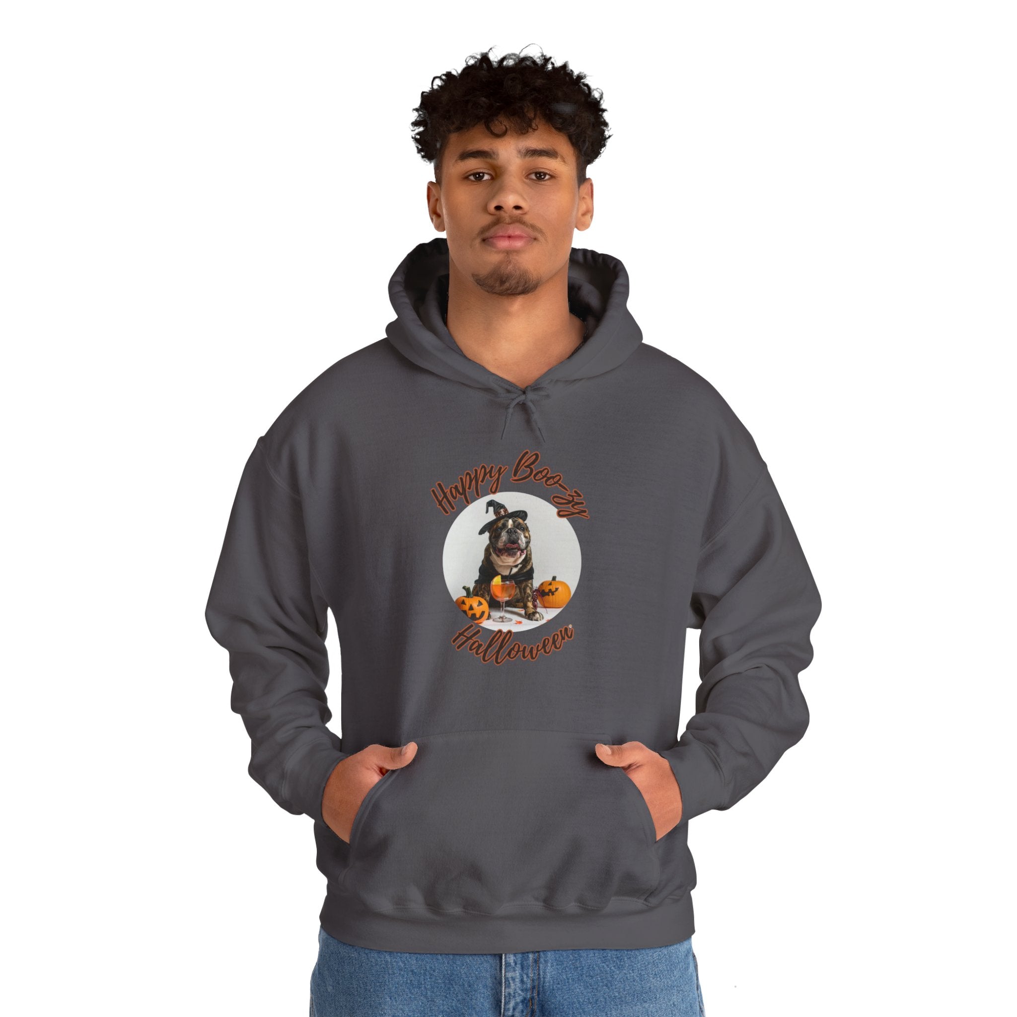 "Happy Boo-zy Halloween" Halloween Bulldog Hoodie (Black/French)