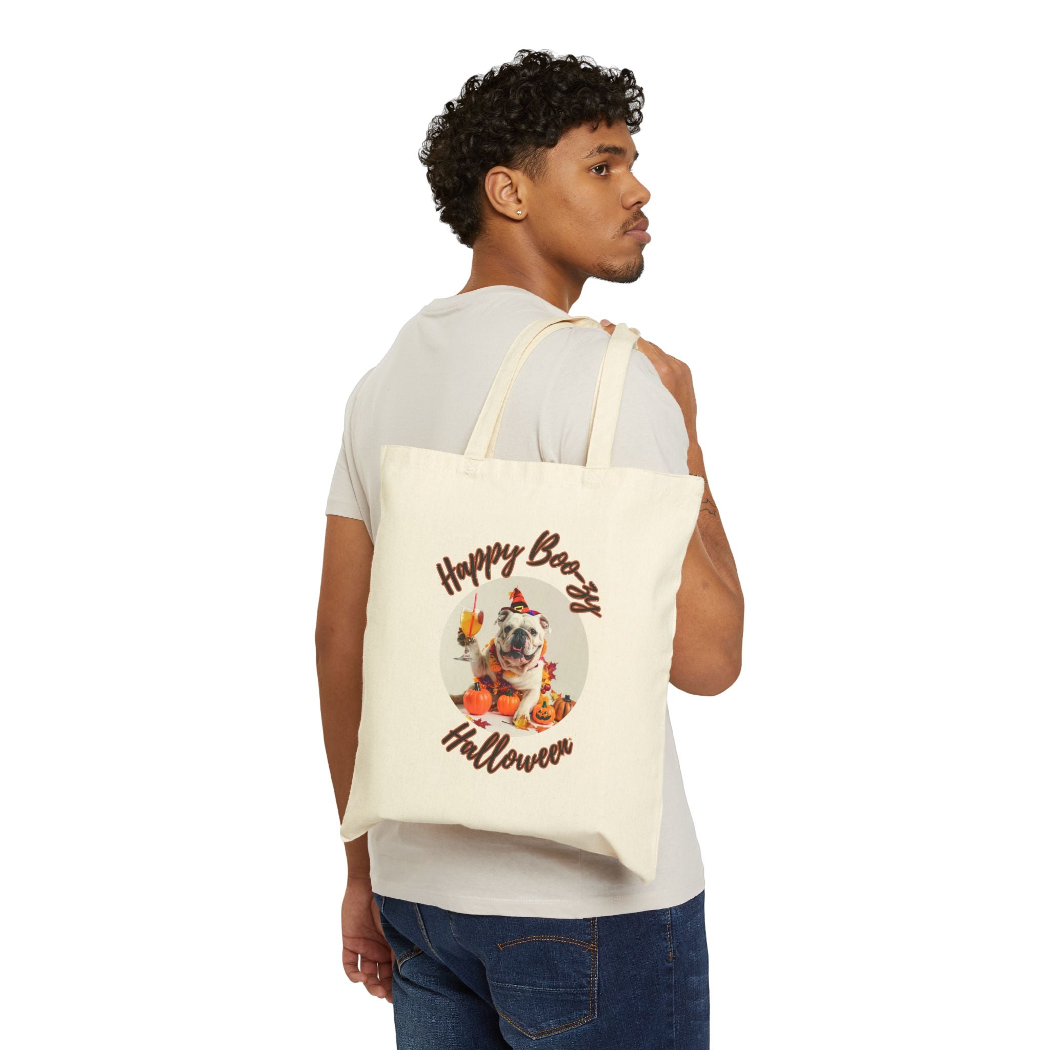 "Happy Boo-zy Halloween" Trick or Treat Canvas Tote Bag (White/English)