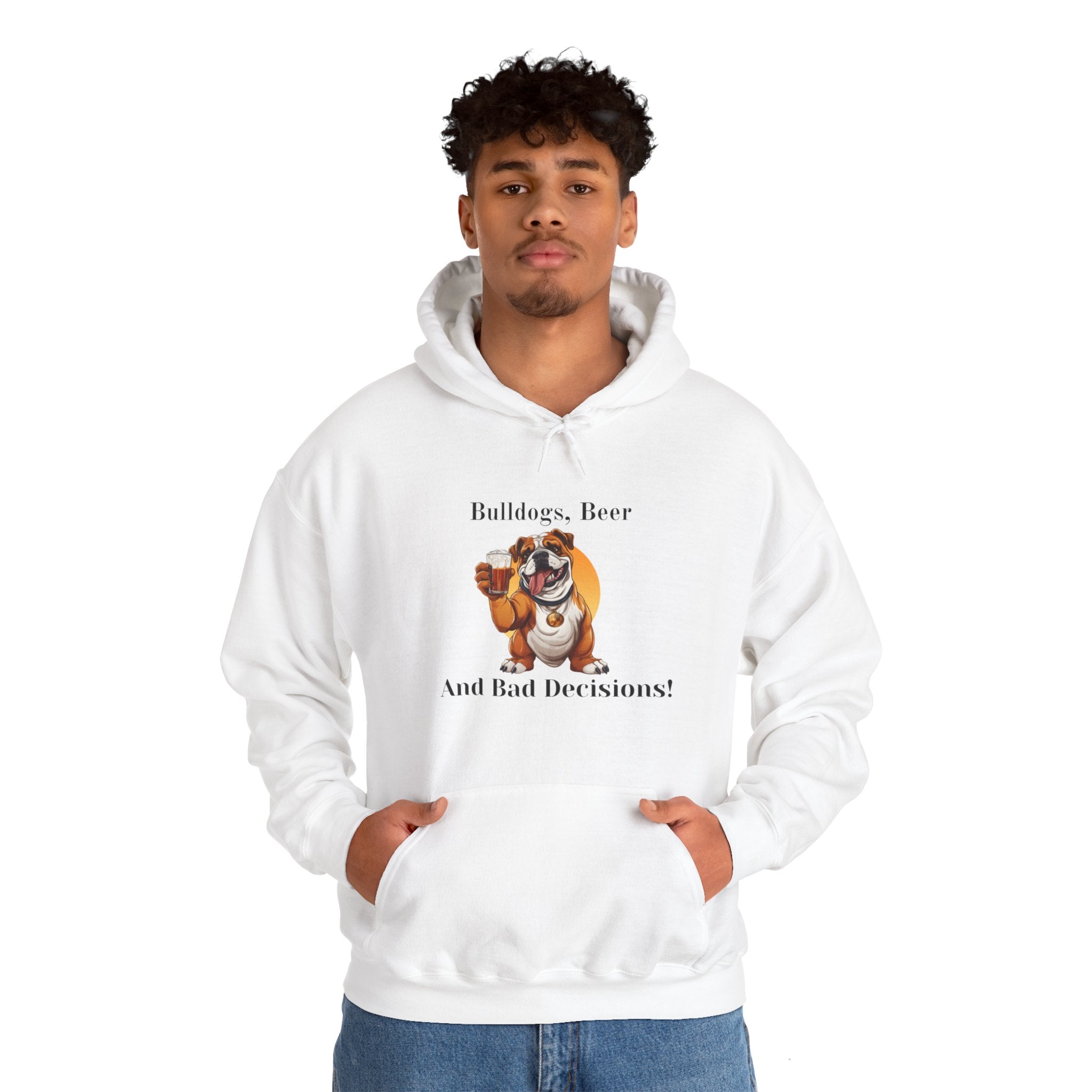 Bulldogs, Beer, and Bad Decisions" Hoodie - Your Go-To Gear for Mischievous Times! (English/Brown)