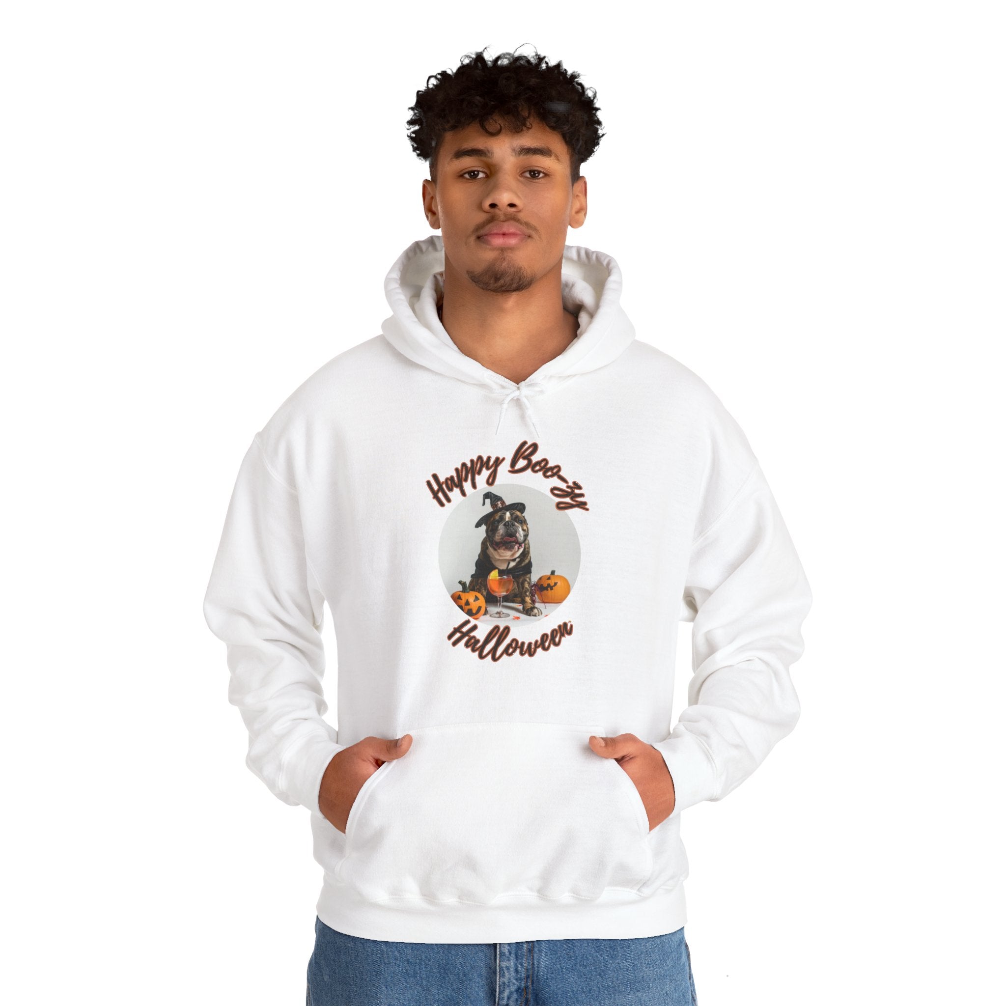 "Happy Boo-zy Halloween" Halloween Bulldog Hoodie (Black/English)