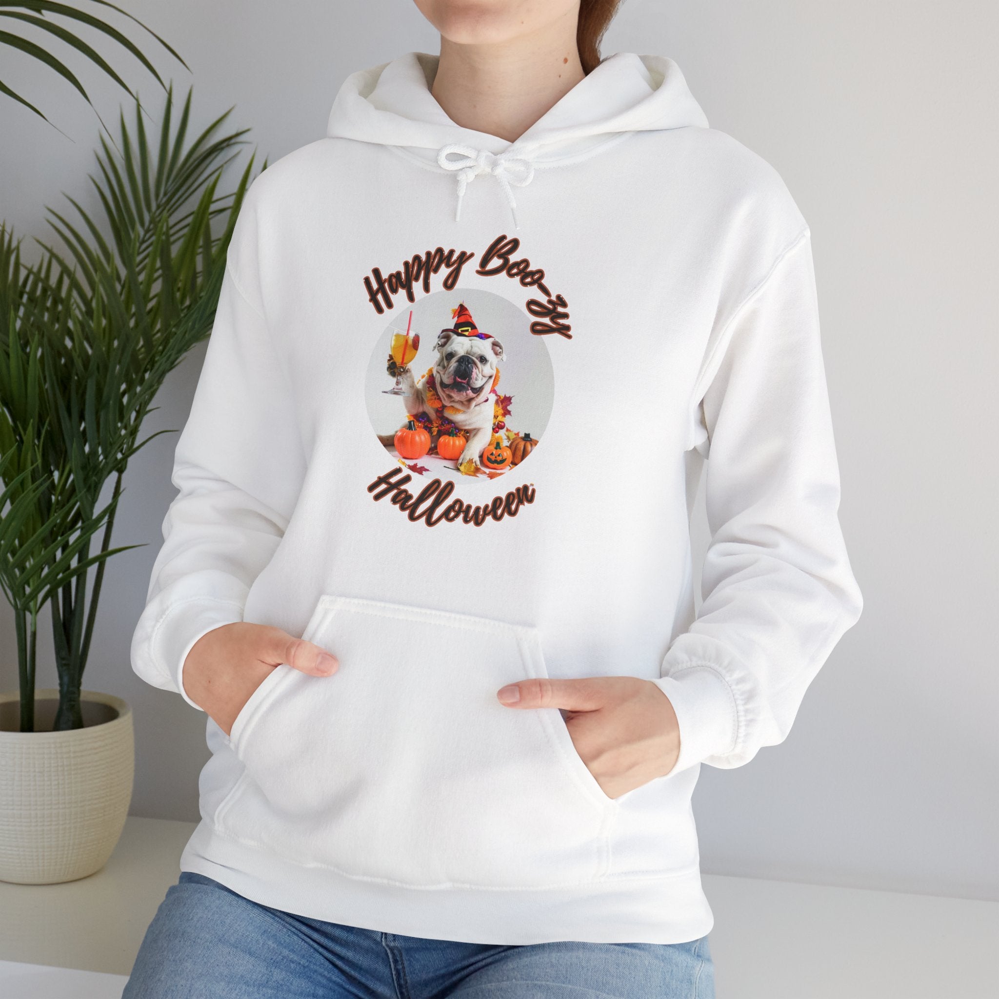 "Happy Boo-zy Halloween" Halloween Bulldog Hoodie (White/English)