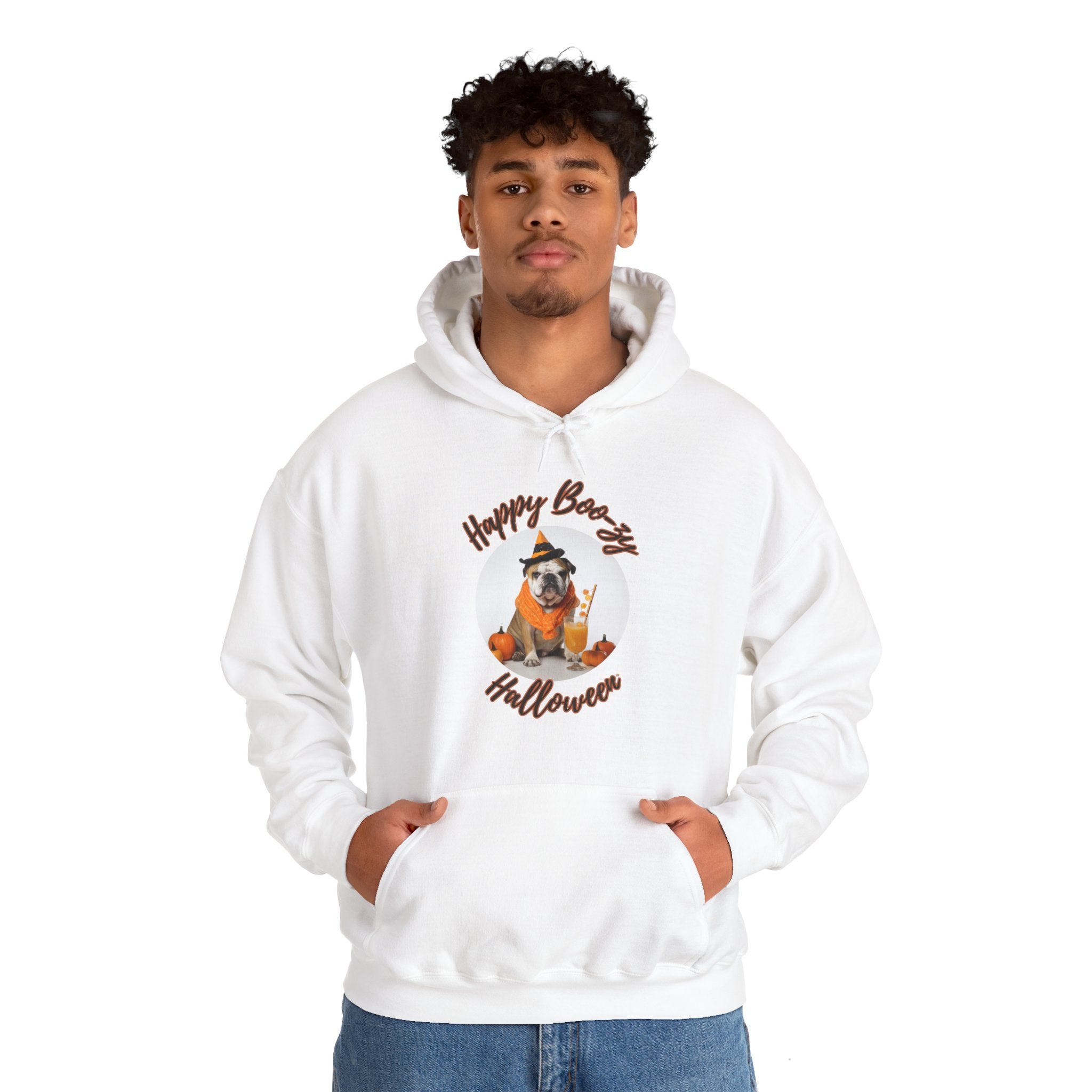 "Happy Boo-zy Haloween" Halloween Bulldog Hoodie (Tan/English)