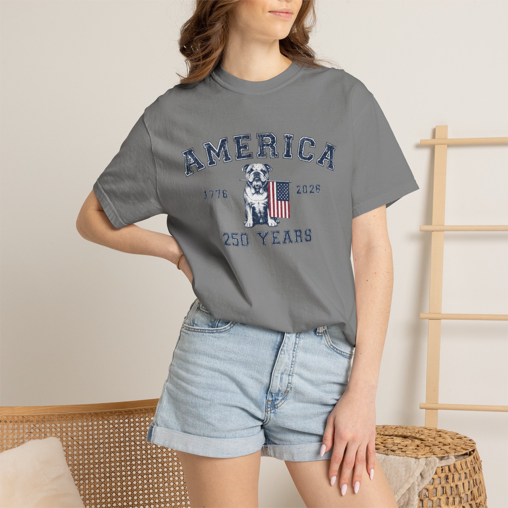 America 250 Years Bulldog T-Shirt | Patriotic Garment-Dyed Tee (English)