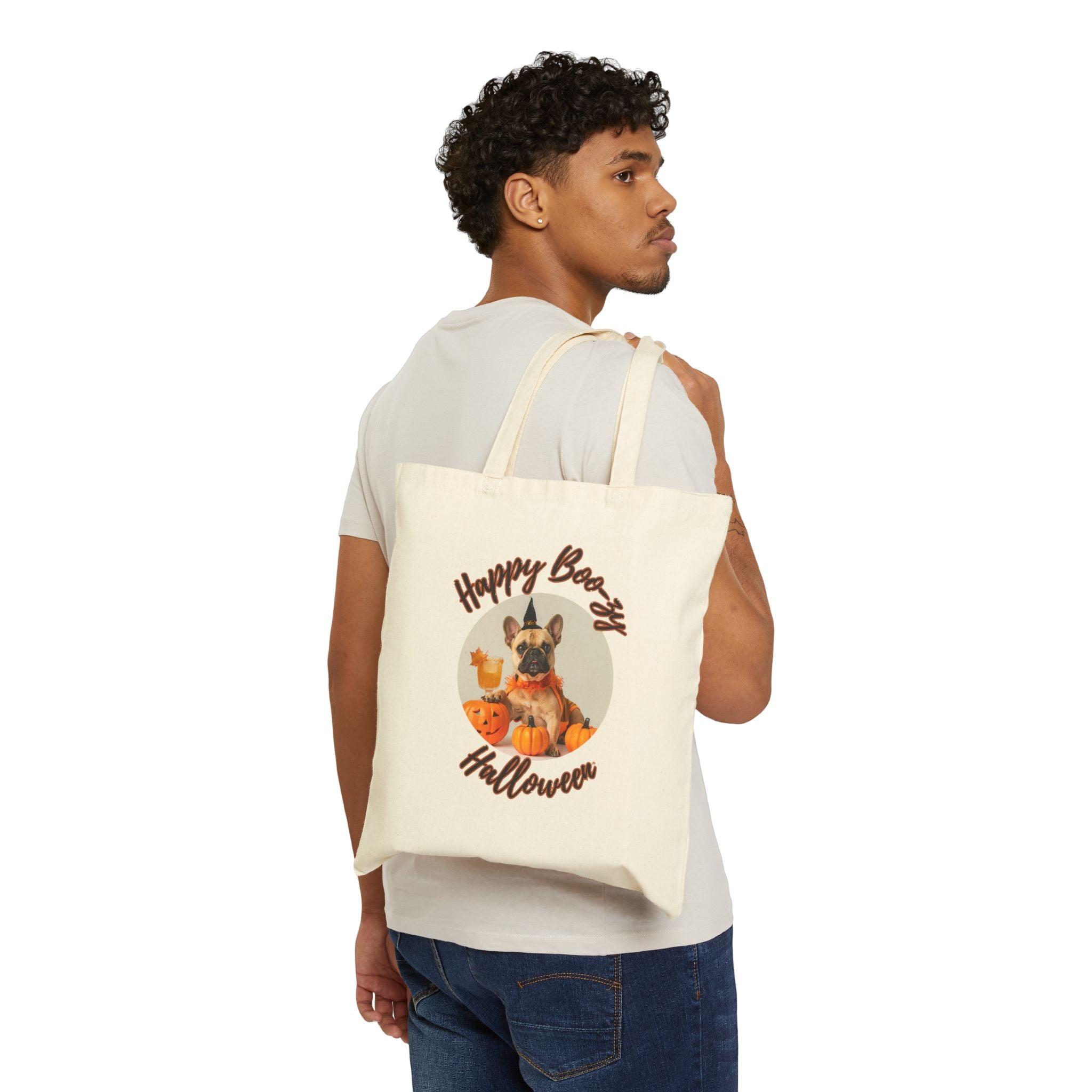 "Happy Boo-zy Halloween" Trick or Treat Canvas Tote Bag (Tan/French)